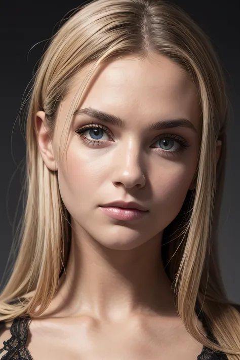 a close up of a woman with long blonde hair and a black dress