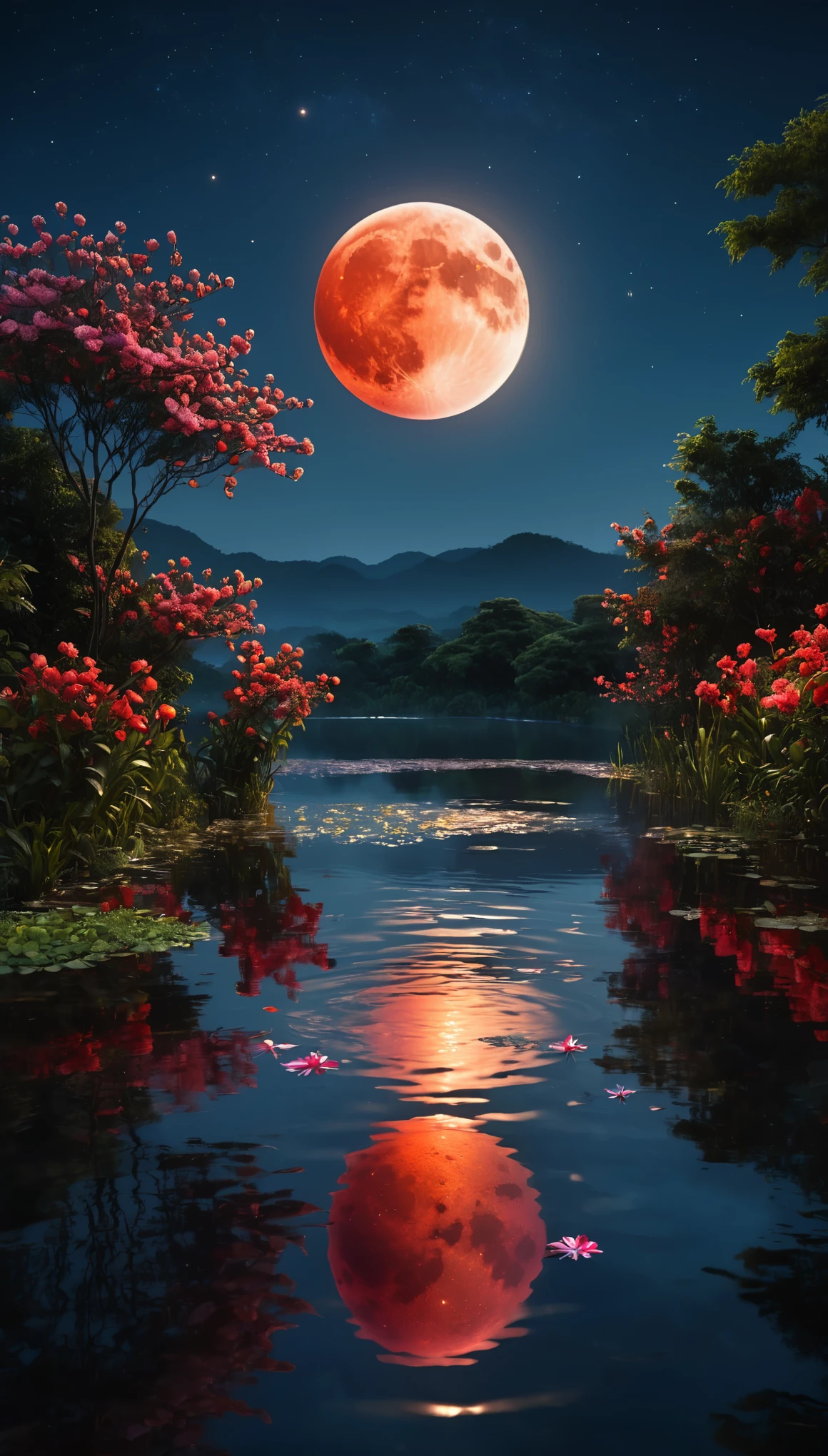 best quality,highres,masterpiece:1.2,ultra-detailed,realistic:1.37,red moon reflected in water,symmetrical scene,serene atmosphere,glistening water surface,tranquil garden setting,glowing red moon,crimson moonlight,dark silhouettes of trees,twinkling stars in the night sky,pure reflection of the moon in the calm water,peaceful and ethereal mood,meticulously detailed moon surface,colorful flowers in bloom,delicate ripples on the water,soft moonlight illuminating the surroundings,calm and stillness,water shimmering with the moon's reflection,mystical and enchanting ambiance