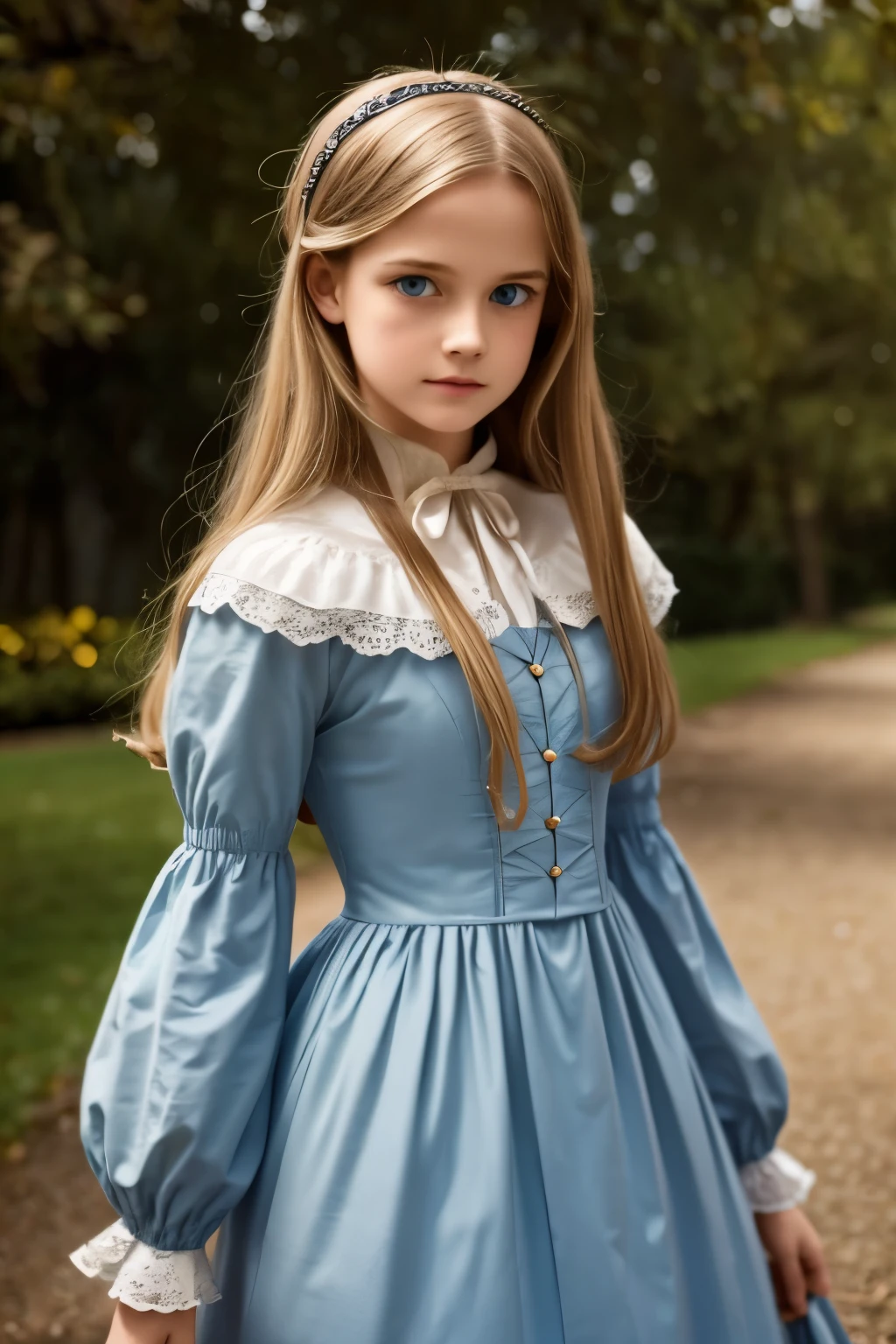 弗吉尼亚·奥蒂斯, 15岁 (金发, 蓝眼睛), 薄的, 可爱的脸孔, 坎特维尔城堡夜间散步 (灵感来自小说《坎特维尔幽灵》). 1887年, 维多利亚黑暗幻想

