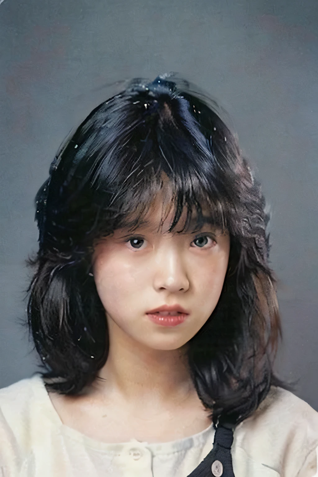 There is a young girl with short hair posing for a photo,。Portraits of female idols in the 1980s。 fluffy bangs,。Hairstyle like Seiko Matsuda。Old Idol