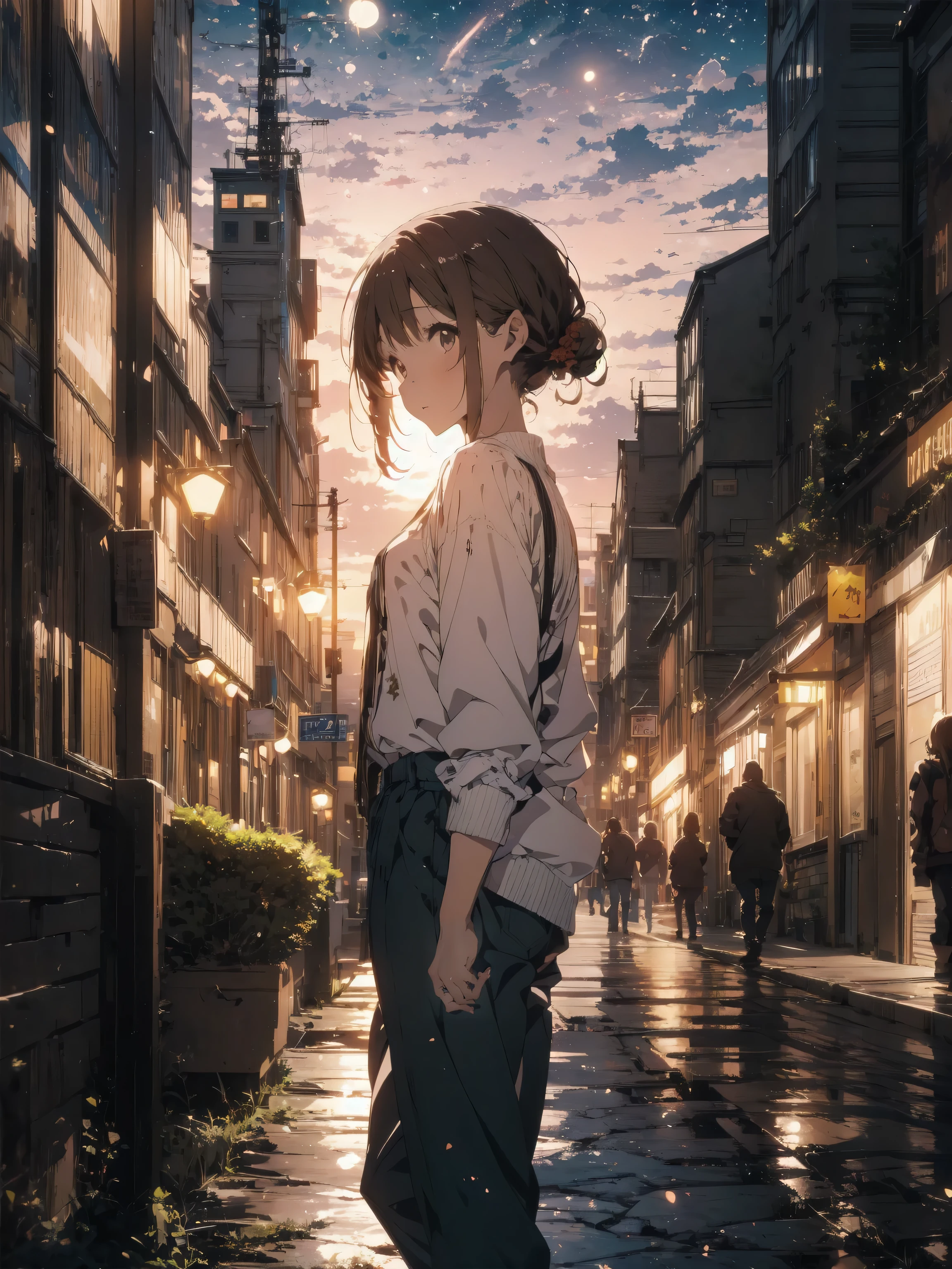 octans, sky, star (sky), scenery, starry sky, night, 1girl, night sky, solo, outdoors, building, cloud, milky way, sitting, tree, long red hair, white shirt, long pants, city, silhouette, cityscape