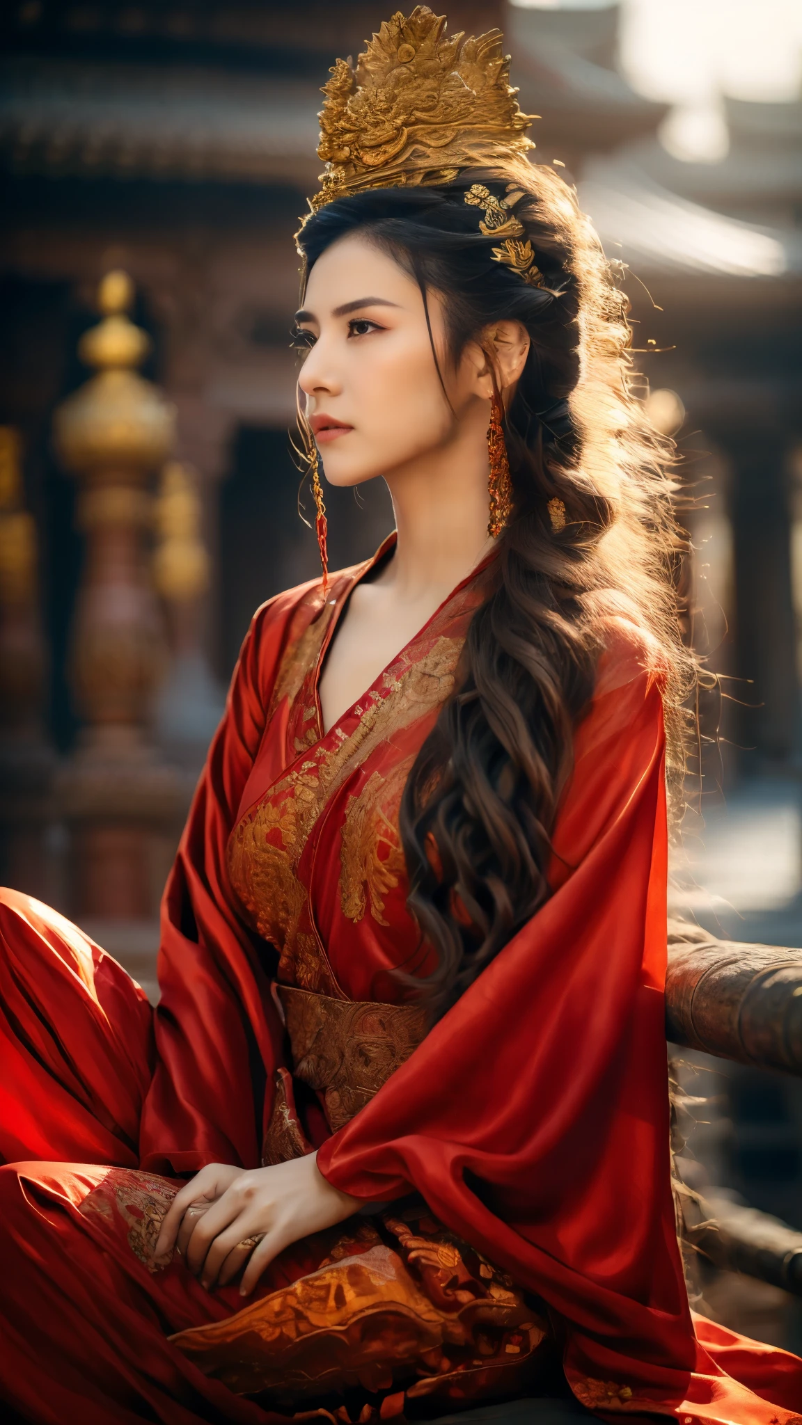 Generate an old monk，Wearing a red cassock，Sitting cross-legged in the temple，Hands together，Dusk light，close up，delicate face，Beautiful scenery，HD details，