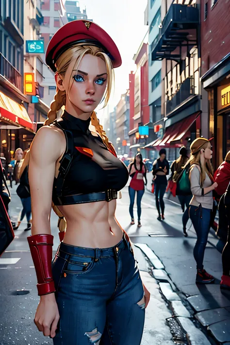 photo of cammyst in a urban busy street, sparkle, with her long blonde hair, blue eyes, and a jeans, crop top, sexy pose, standi...