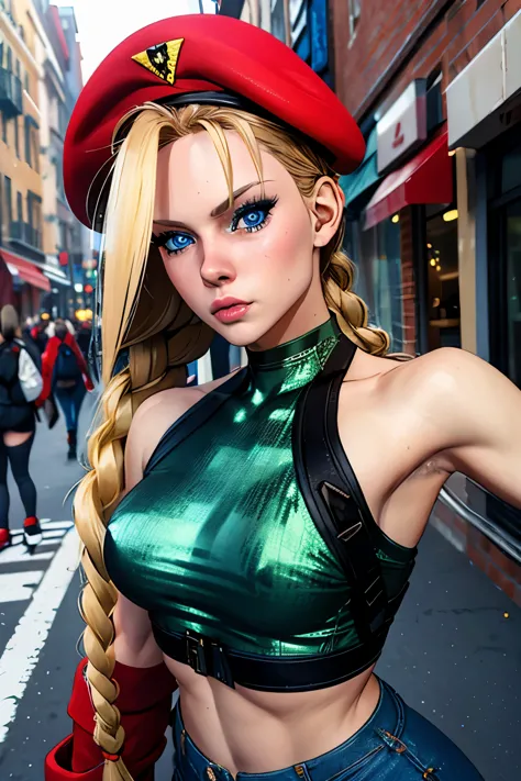 photo of cammyst in a urban busy street, sparkle, with her long blonde hair, blue eyes, and a jeans, crop top, sexy pose, standi...