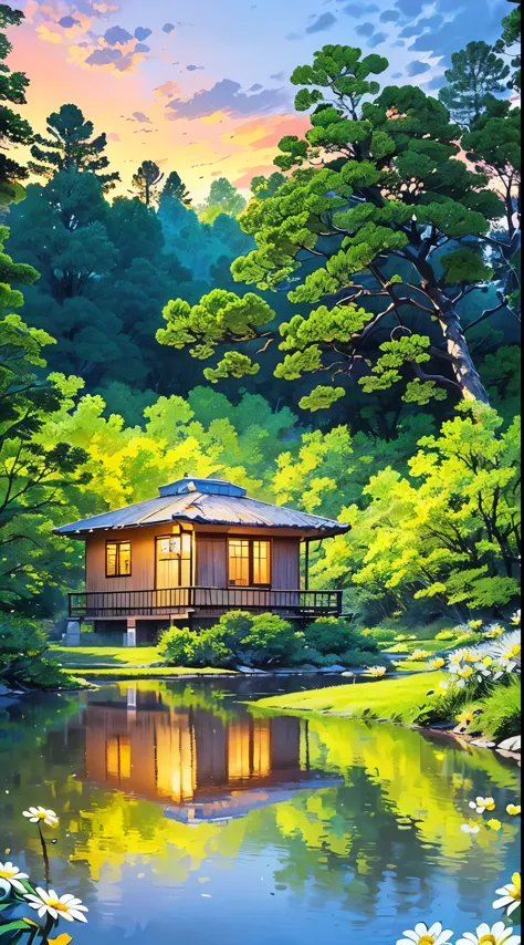 (masterpiece:1), (full wide view:1.5),(a beautiful hut located near a lake in the jungle:1.6), (lo-fi vibe:1.3), (sunset scene:1...