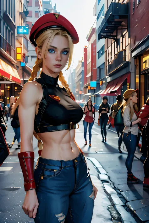 photo of cammyst in a urban busy street, sparkle, with her long blonde hair, blue eyes, and a jeans, crop top, sexy pose, standi...