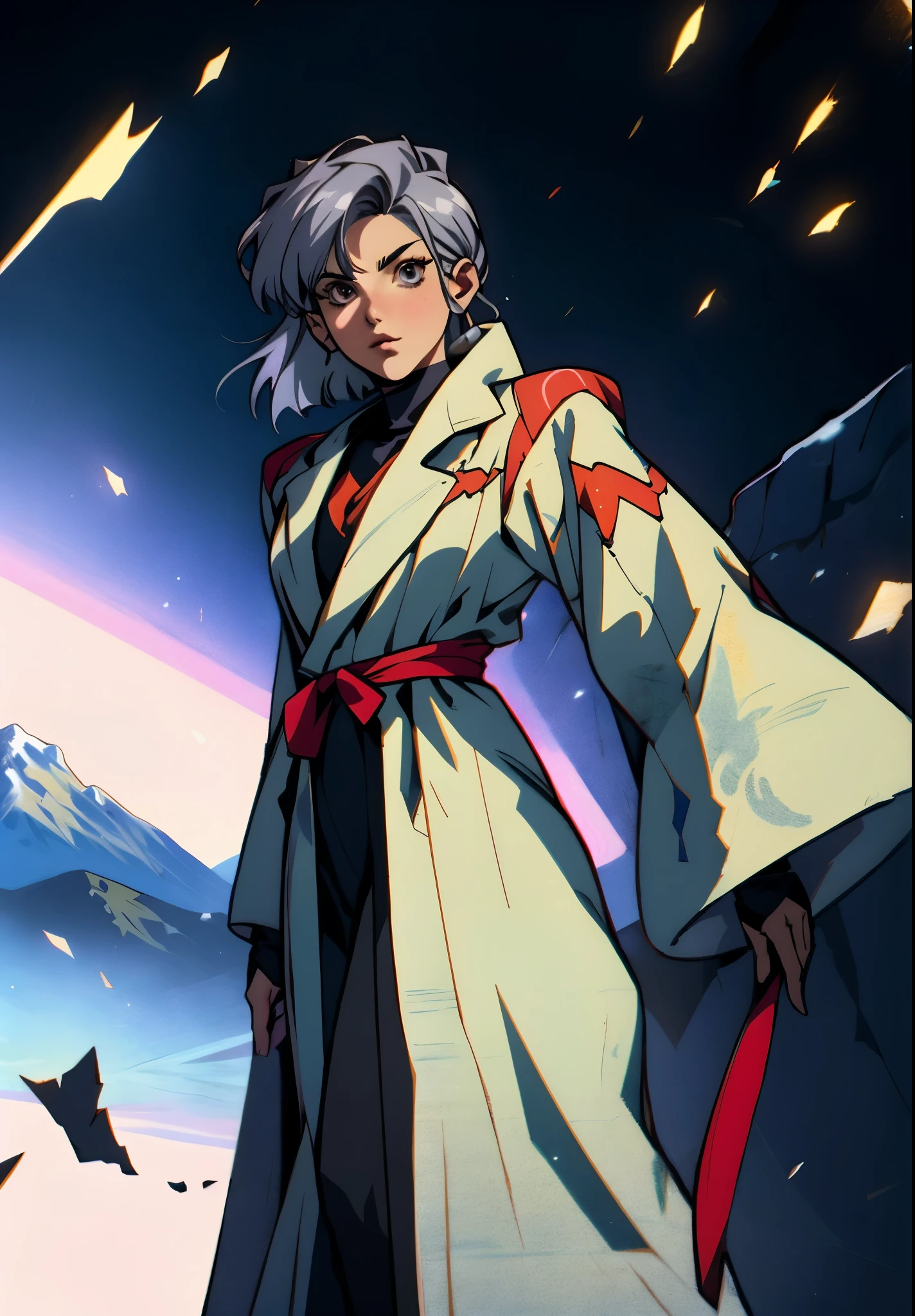 A woman with short silver-gray hair, thick bangs covering the right half of her face, delicate features, a serene expression, a simple floor-length gray-blue robe, with a thick white fur coat worn over it, long sleeves patterned like animal skeletons, standing amidst the falling snow of the mountains, this character embodies a finely crafted fantasy martial arts-style female cultivator in anime style, exquisite and mature manga art style, high definition, best quality, highres, ultra-detailed, ultra-fine painting, extremely delicate, professional, anatomically correct, symmetrical face, extremely detailed eyes and face, high quality eyes, creativity, RAW photo, UHD, 32k, Natural light, cinematic lighting, masterpiece-anatomy-perfect, masterpiece:1.5