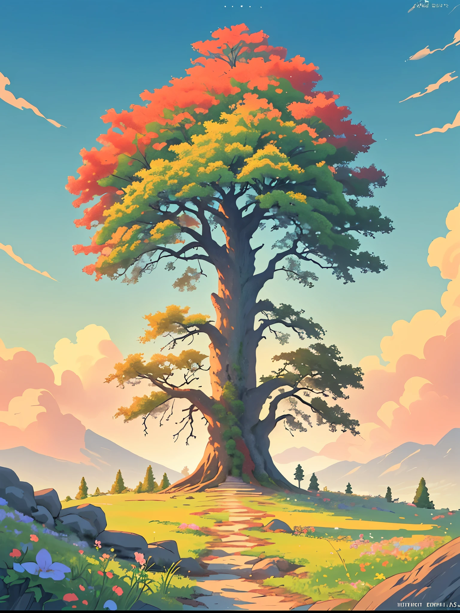 Imagen de gran angular de un hermoso árbol viejo en el borde de la montaña con pastos y flores en el suelo un día soleado, estilo animado