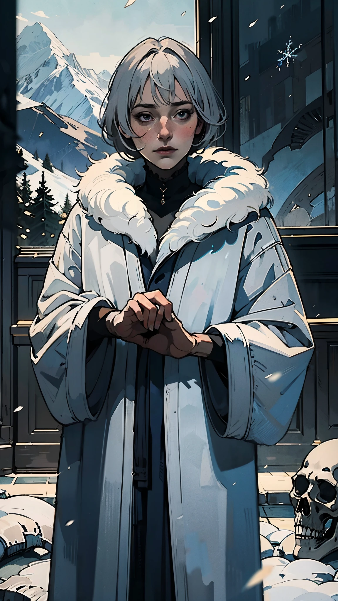 A woman with short silver-gray hair, thick bangs covering the right half of her face, delicate features, a serene expression, a simple floor-length gray-blue robe, with a thick white fur coat worn over it, long sleeves patterned like animal skeletons, standing amidst the falling snow of the mountains, this character embodies a finely crafted fantasy martial arts-style female cultivator in anime style, exquisite and mature manga art style, high definition, best quality, highres, ultra-detailed, ultra-fine painting, extremely delicate, professional, anatomically correct, symmetrical face, extremely detailed eyes and face, high quality eyes, creativity, RAW photo, UHD, 32k, Natural light, cinematic lighting, masterpiece-anatomy-perfect, masterpiece:1.5