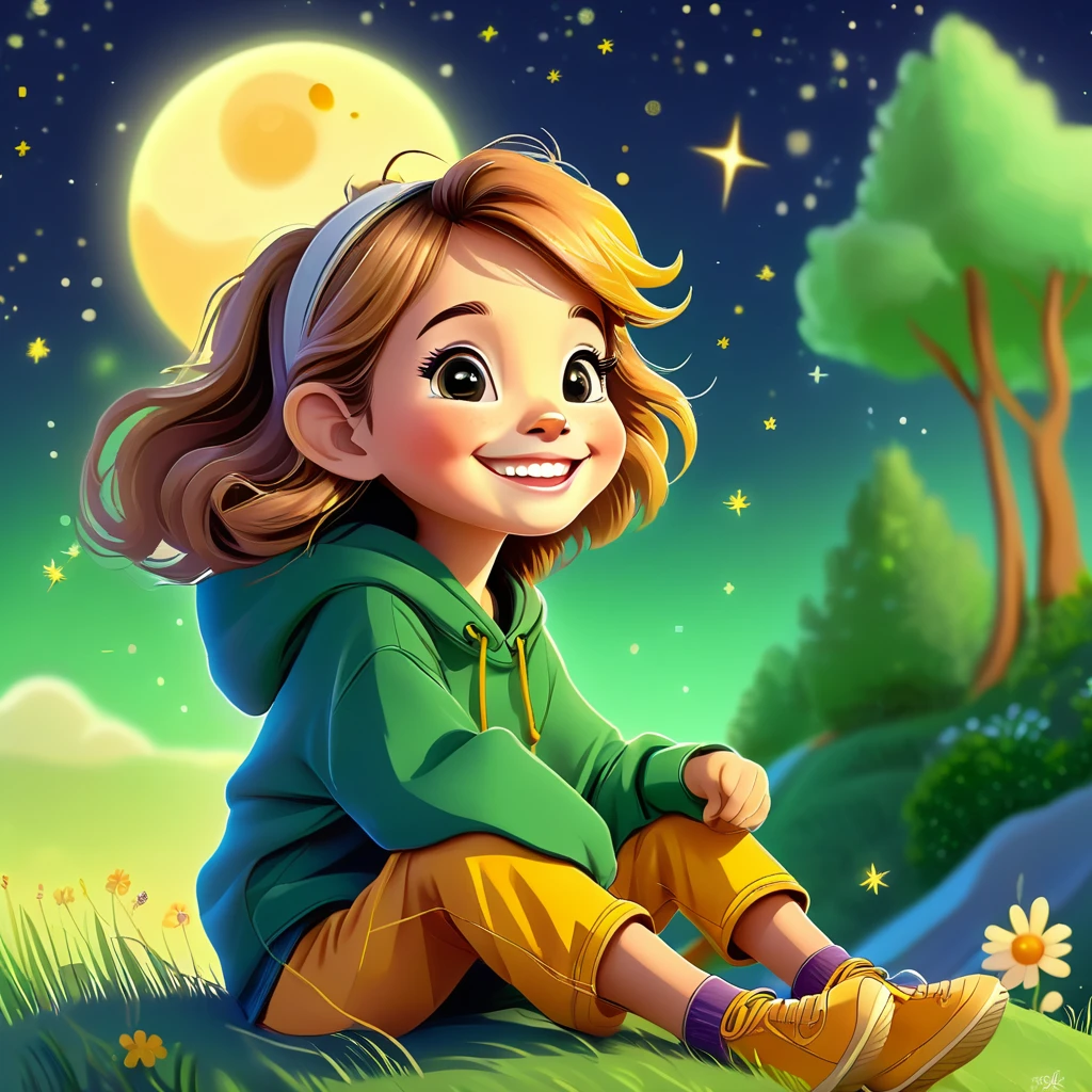 #子供向けの物語のためのキャラクターのイラストプロンプト. 7月の暖かい月に緑の丘に座っている魅力的な笑顔の女の子は、蜂蜜色のパーカーを着ています. リアルで可愛い女の子の漫画の顔. 目を開けてください. フードにはライオンの頭が付いたたてがみがある. 星空に囲まれた風景, 気まぐれな, 現実的なおとぎ話風