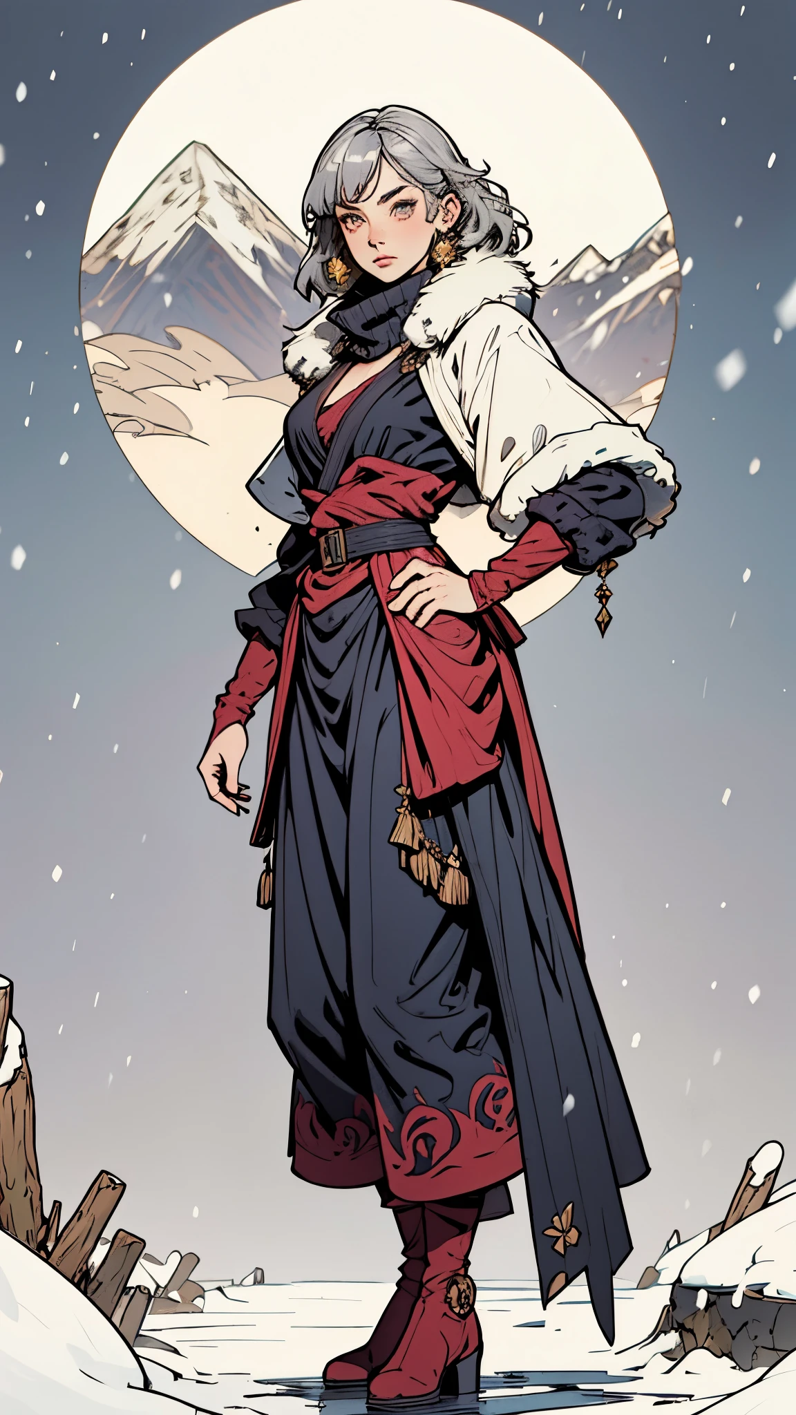 A woman with short silver-gray hair, thick bangs covering the right half of her face, delicate features, a serene expression, a simple floor-length gray-blue robe, with a thick white fur coat worn over it, long sleeves patterned like animal skeletons, standing amidst the falling snow of the mountains, this character embodies a finely crafted fantasy martial arts-style female cultivator in anime style, exquisite and mature manga art style, high definition, best quality, highres, ultra-detailed, ultra-fine painting, extremely delicate, professional, anatomically correct, symmetrical face, extremely detailed eyes and face, high quality eyes, creativity, RAW photo, UHD, 32k, Natural light, cinematic lighting, masterpiece-anatomy-perfect, masterpiece:1.5