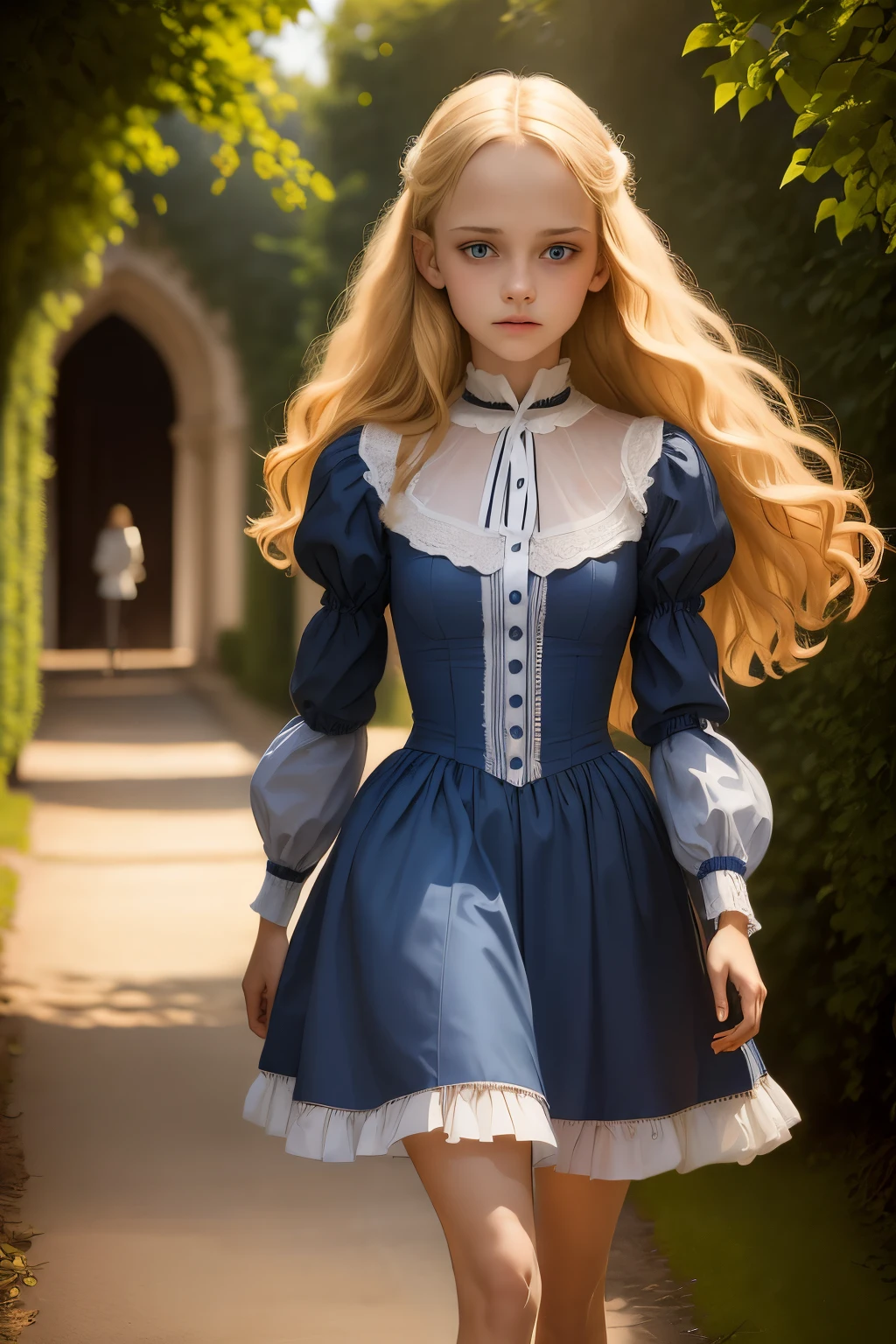 Virginia Otis, 15 years old (blond hair, blue eyes), thin, cute face, walks at night in Canterville Castle (inspired by the novel The Canterville Ghost). aged 1887, Victorian dark fantasy