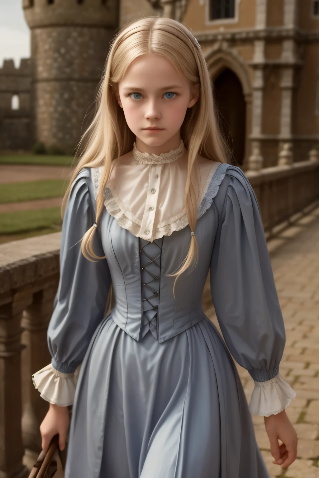 Virginia Otis, 15 years old (blond hair, blue eyes), thin, cute face, walks at night in Canterville Castle (inspired by the novel The Canterville Ghost). aged 1887, Victorian dark fantasy