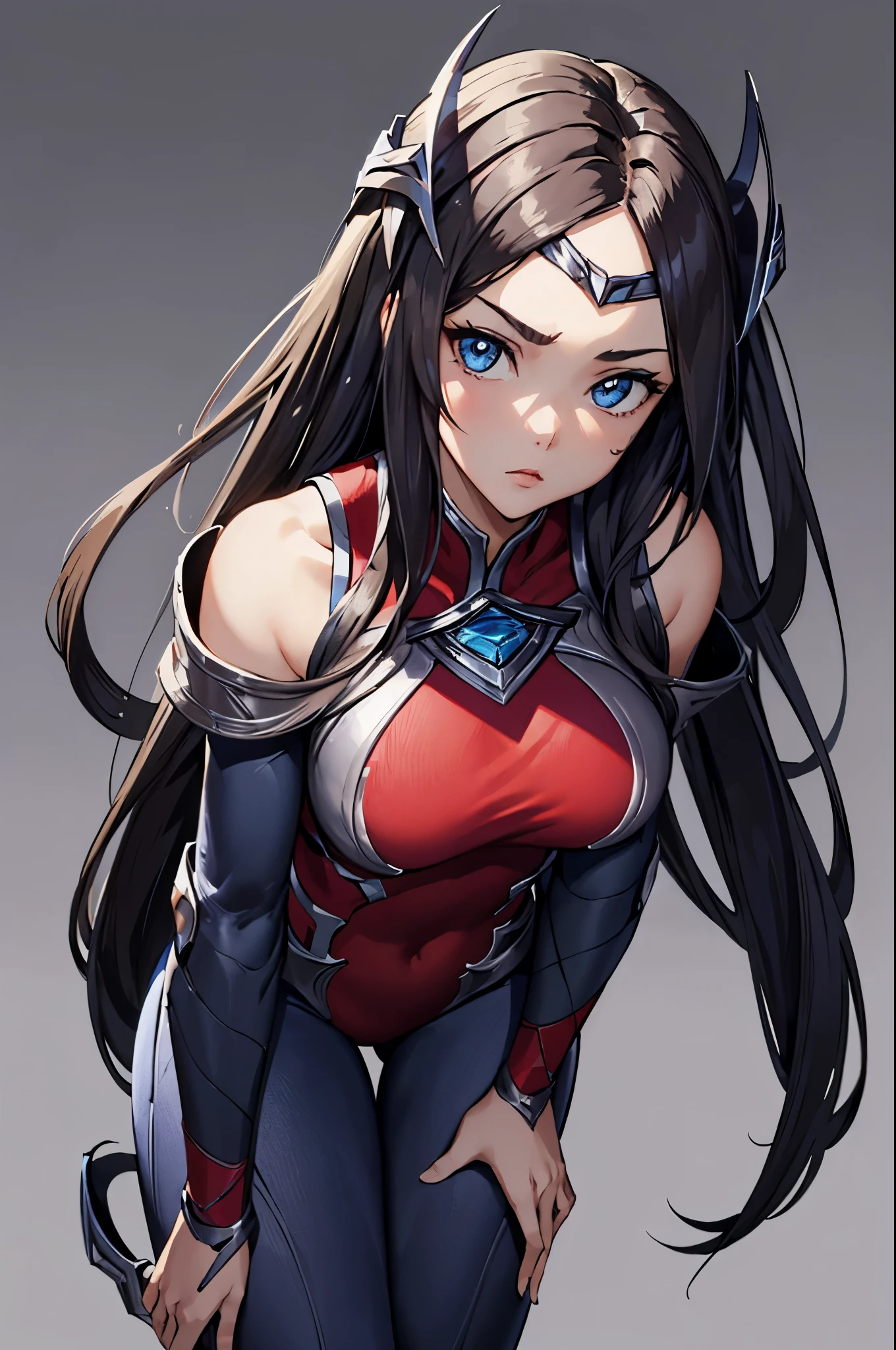 (masterpiece), best quality, expressive eyes, perfect face, highres, 1girl, solo, irelia, bodysuit, bare shoulders, forehead protector, hair ornament, armor, (leaning forward), standing, portrait, looking at the viewer,