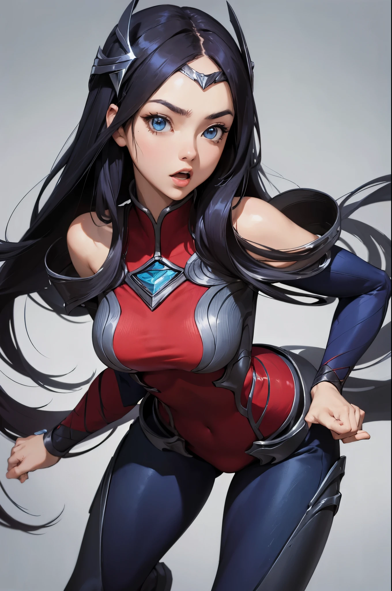 (masterpiece), best quality, expressive eyes, perfect face, highres, 1girl, solo, irelia, bodysuit, bare shoulders, forehead protector, hair ornament, armor, (leaning forward), standing, portrait, looking at the viewer,