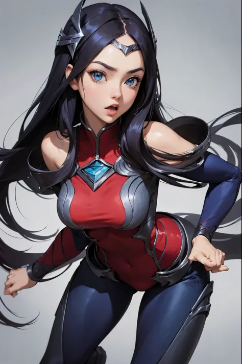 (masterpiece), best quality, expressive eyes, perfect face, highres, 1girl, solo, irelia, bodysuit, bare shoulders, forehead pro...