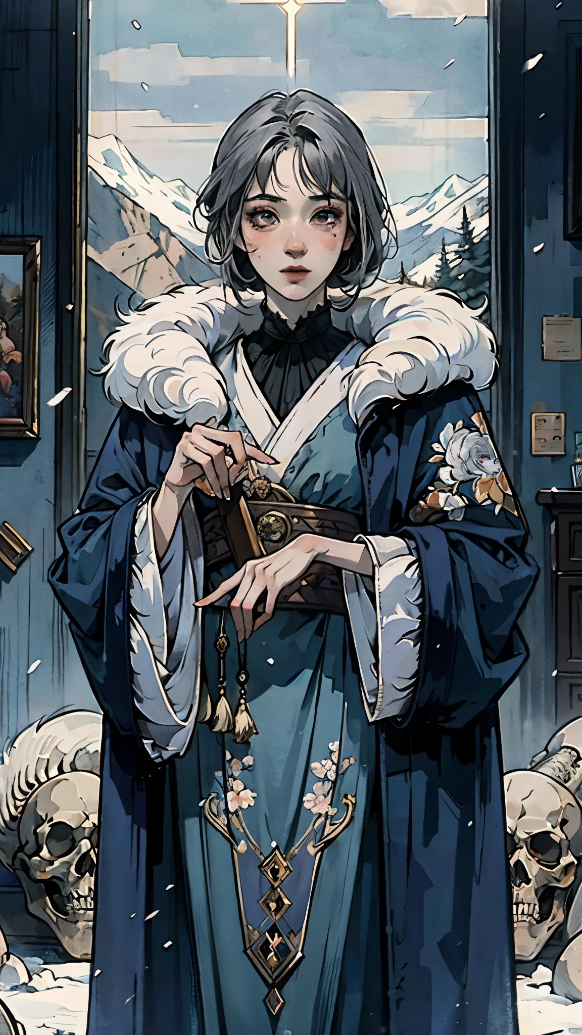 A woman with short silver-gray hair, thick bangs covering the right half of her face, delicate features, a serene expression, a simple floor-length gray-blue robe, with a thick white fur coat worn over it, long sleeves patterned like animal skeletons, standing amidst the falling snow of the mountains, this character embodies a finely crafted fantasy martial arts-style female cultivator in anime style, exquisite and mature manga art style, high definition, best quality, highres, ultra-detailed, ultra-fine painting, extremely delicate, professional, anatomically correct, symmetrical face, extremely detailed eyes and face, high quality eyes, creativity, RAW photo, UHD, 32k, Natural light, cinematic lighting, masterpiece-anatomy-perfect, masterpiece:1.5