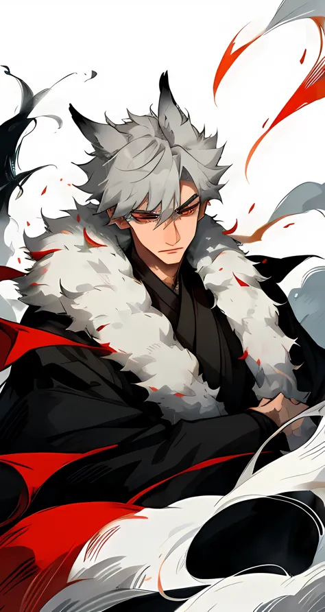 Male, kitsune,Gray-white short hair,Big fox ears,fluffy tail,Cold and sharp eyes,long eyelashes,Thin, but a strong body, Red tra...
