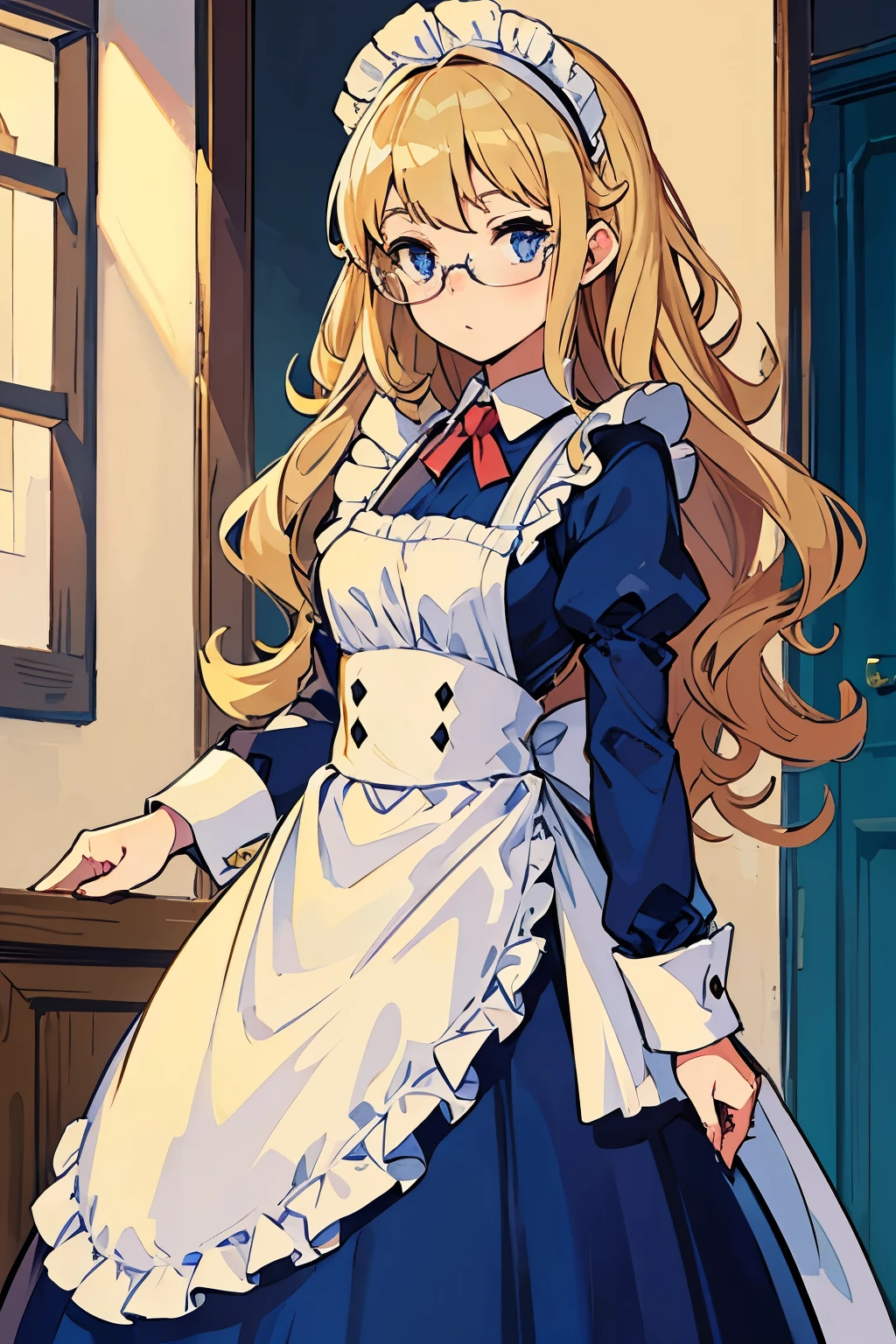 Tall maid, blonde curly hair just below the shoulders, Small glasses, blue sharp eyes