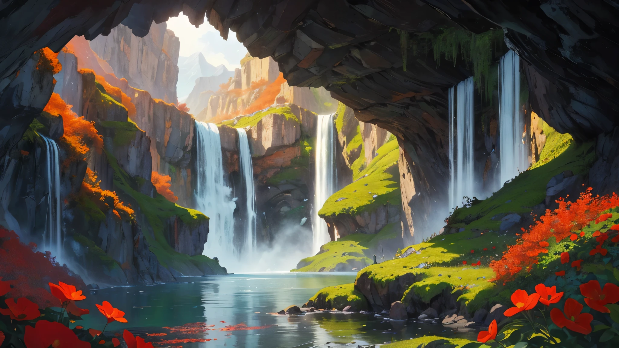 An image capturing a majestic mountain with a waterfall cascading down its rugged slopes, casting a warm, ethereal light across the landscape. In the foreground, vibrant red flowers sway gently in the breeze, adding splashes of color to the volcanic scenery.

Nestled amidst the terrain is a hidden cave partially obscured by the waterfall, its entrance framed by vines and lush foliage.

With a serene smile, the man reaches out to touch the delicate red flowers, reflecting a deep connection to the natural world. The image captures the harmonious blend of fire and earth, strength and serenity, inspiring awe and wonder.