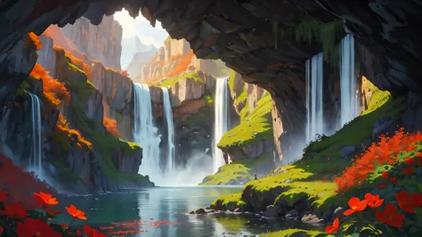 An image capturing a majestic mountain with a waterfall cascading down its rugged slopes, casting a warm, ethereal light across ...