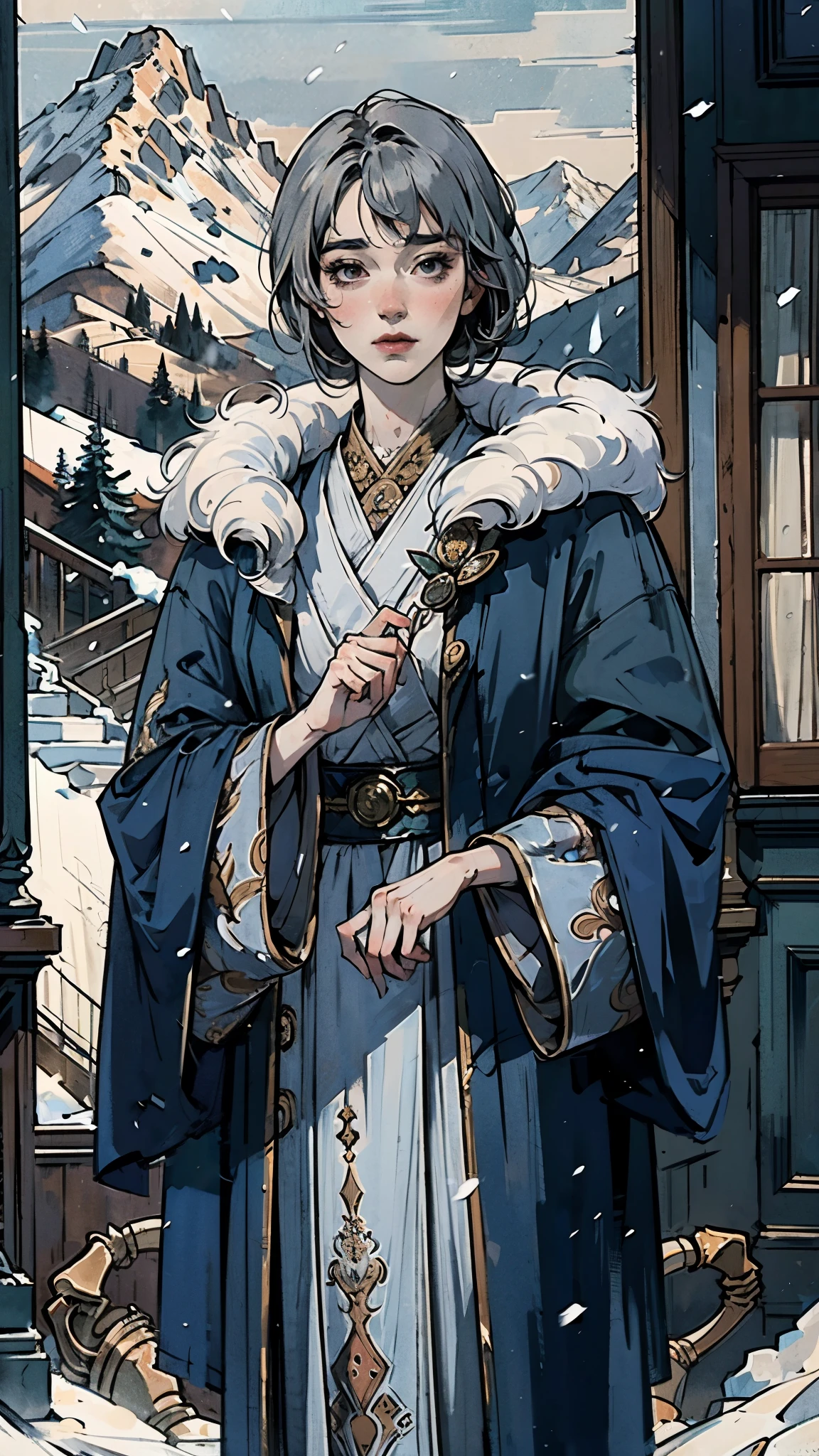 A woman with short silver-gray hair, thick bangs covering the right half of her face, delicate features, a serene expression, a simple floor-length gray-blue robe, with a thick white fur coat worn over it, long sleeves patterned like animal skeletons, standing amidst the falling snow of the mountains, this character embodies a finely crafted fantasy martial arts-style female cultivator in anime style, exquisite and mature manga art style, high definition, best quality, highres, ultra-detailed, ultra-fine painting, extremely delicate, professional, anatomically correct, symmetrical face, extremely detailed eyes and face, high quality eyes, creativity, RAW photo, UHD, 32k, Natural light, cinematic lighting, masterpiece-anatomy-perfect, masterpiece:1.5