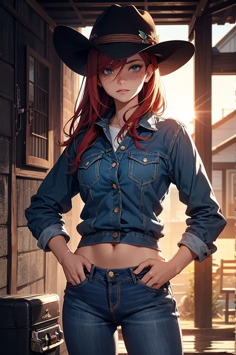 Generate an image depicting a red-haired woman with freckles and blue eyes in a cowboy aesthetic, en utilisant une perspective d...