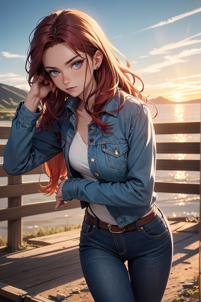 Generate an image depicting a red-haired woman with freckles and blue eyes in a cowboy aesthetic, en utilisant une perspective de tir de cow-boy. Détaillez sa tenue avec une chemise à carreaux nouée pour exposer une partie de son ventre, complemented by denim jeans, to l&#39;interior, et des bottes de cowboy classiques. Placez-la dans un paysage occidental, baigné dans les tons chauds d&#39;a cinematic sunset. Implémenter des effets visuels tels que le clair-obscur, profondeur de champ, and cinematic lighting to enhance the overall composition from the cowboy&#39;s point of view. Assurez-vous que le portrait capture un mélange d&#39;allure moderne et de charisme du Far West.. Use a variety of SeaArt keywords for each category to&#39;enrich the representation, combining a technical approach with an aesthetically captivating scene.