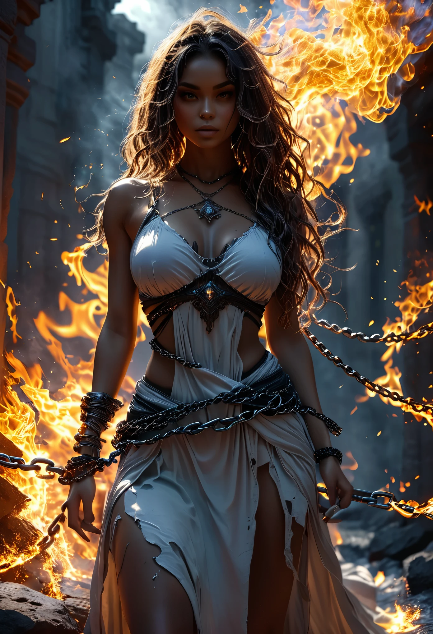 (best quality,4k,8k,highres,masterpiece:1.2),ultra-detailed,(realistic,photorealistic,photo-realistic:1.37), a beautiful dark-skinned warrior with long curly hair:1.3 chained and wrapped in burning chains,view from below,illustration,metallic texture,demonic, wielding immense power,melting chains,scorching heat,rays of light piercing through the cracks,ominous shadows,exquisite detailing,steaming heat waves,smoke rising,,fireworks-like sparks,dramatic composition,dark fantasy,emerald flames,burning tattoos,fiery destruction,apocalyptic scene,crumbling ruins,distant flames,molten lava, masterpiece, best quality:1.2),,(8k,highres,RAW photo,realistic,photo-realistic:1.3),(detailed skin texture,detailed cloth texture,beautiful detailed face:1.25),professional lighting,photon mapping,beautiful soft light,radiosity,physically-based rendering,raytracing, model shoot style, model shoot style, (extremely detailed CG unity 8k wallpaper), full shot body photo of the most beautiful androgen.
