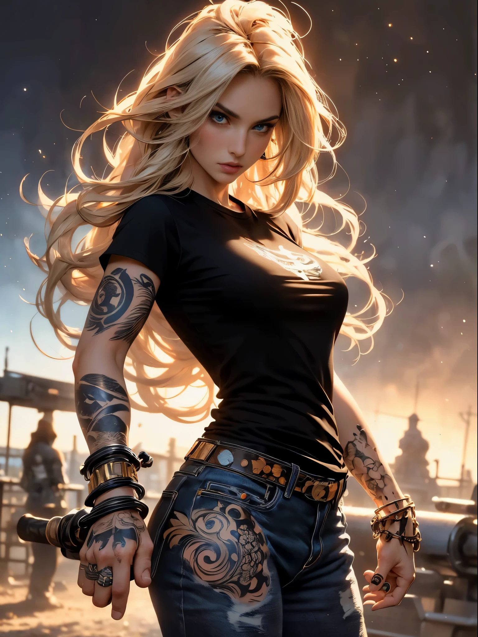 masterpiece, Cowboy shot, (1woman), (golden hairs), (Black tshirt:1.2), (beautiful blue seductive eyes), (tribal tattoo on hands), White, Orange and Blue colors, Foggy background, Graceful pose, (looking at viewer), (front view), (from sky), (bokeh:1.2)