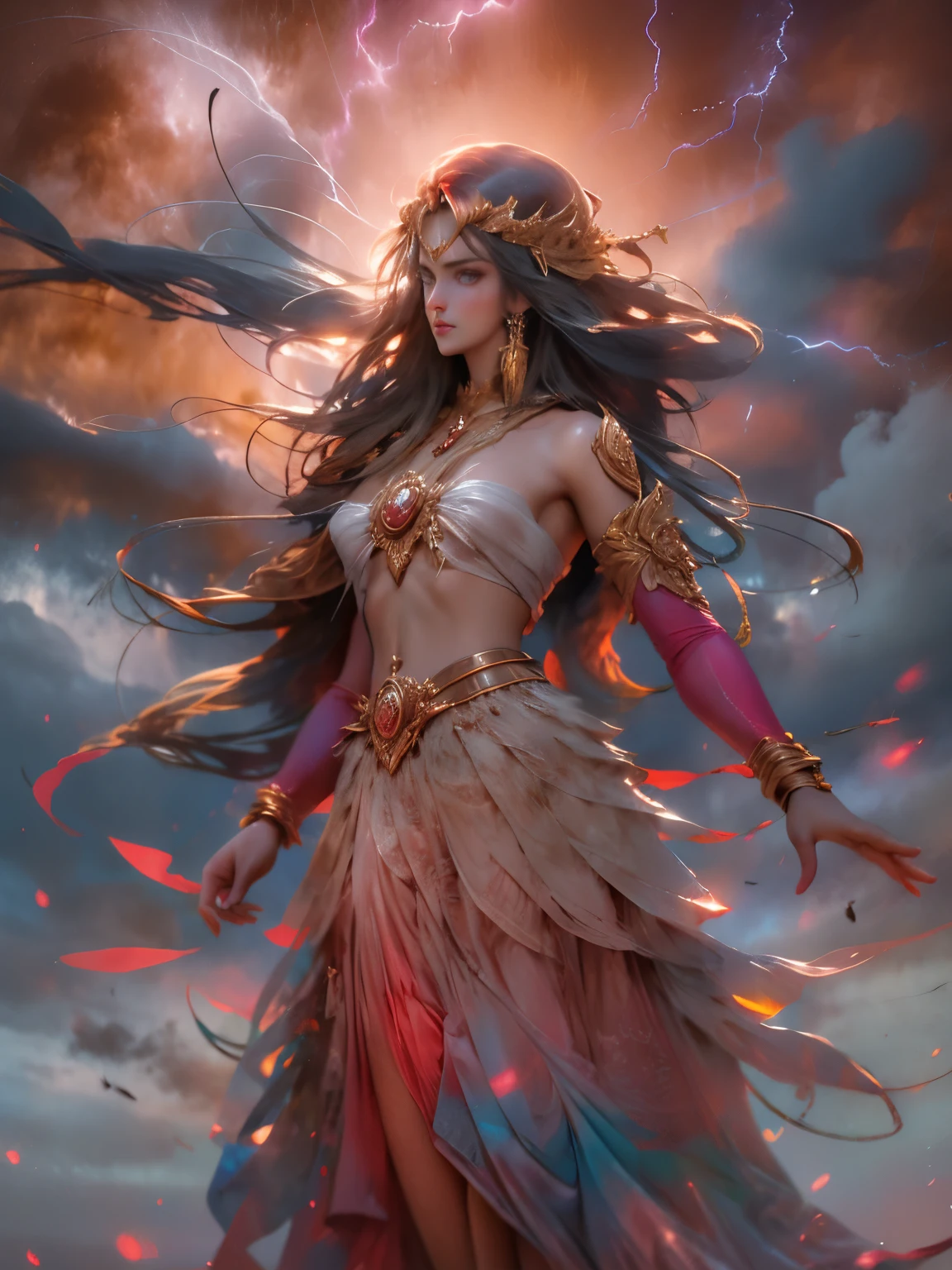 BEAUTIFUL WOMAN in the mountain, sunset sky, red sunset clouds, sunset, long hair in the wind, Eagle feathers, eagle queen, goddess dressed in Eagle feathers, fancy, overexposure, perfects eyes, metallic colors, SurrealArt , whole body, barefoot, mountain horizon view, lake in the distance, lady in the center of the scene, huge full moon in front of the sun, ((clothing transparent)), ((dark storm clouds with lightning)), lightning strikes, garoa leve, fog in the distance, goddess on top of the mountain,