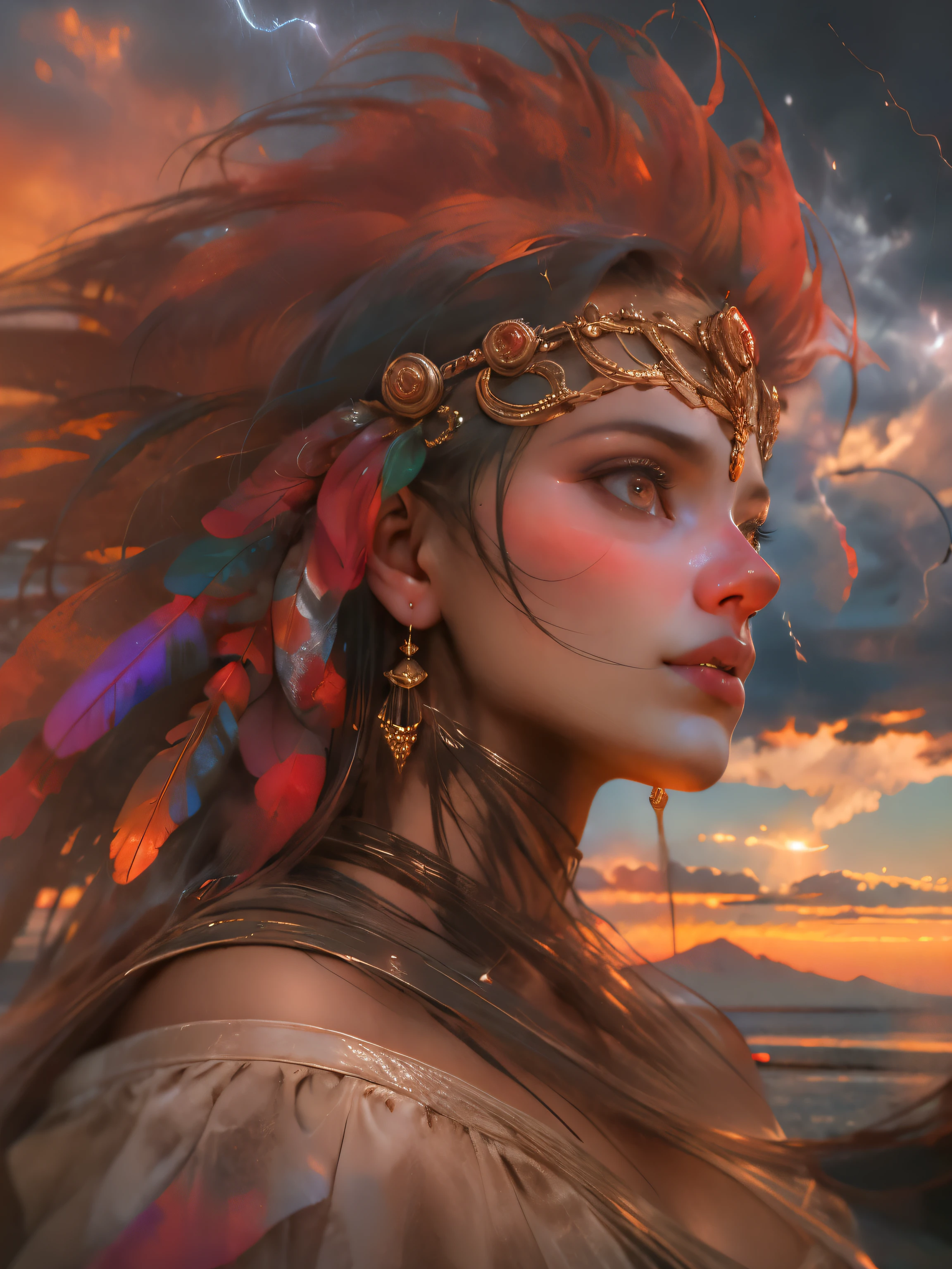 BEAUTIFUL WOMAN in the mountain, sunset sky, red sunset clouds, sunset, long hair in the wind, Eagle feathers, eagle queen, goddess dressed in Eagle feathers, fancy, overexposure, perfects eyes, metallic colors, SurrealArt , whole body, bare feet, mountain horizon view, lake in the distance, lady in the center of the scene, huge full moon in front of the sun, ((clothing transparent)), ((dark storm clouds with lightning)), lightning strikes, garoa leve, fog in the distance, goddess on top of the mountain,