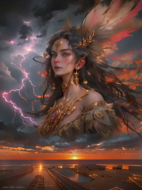 MULHER BONITA na montanha, sunset sky, red sunset clouds, sunset, cabelos longos ao vento, Eagle feathers, eagle queen, goddess ...