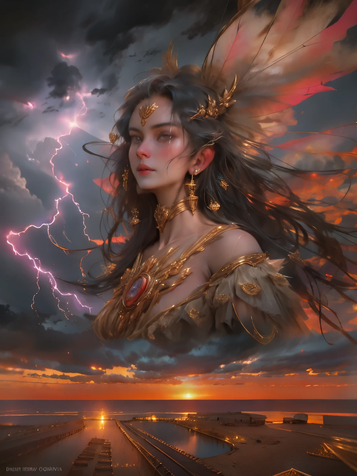BEAUTIFUL WOMAN in the mountain, sunset sky, red sunset clouds, sunset, long hair in the wind, Eagle feathers, eagle queen, goddess dressed in Eagle feathers, fancy, overexposure, perfects eyes, metallic colors, SurrealArt , whole body, barefoot, mountain horizon view, lake in the distance, lady in the center of the scene, huge full moon in front of the sun, ((clothing transparent)), ((dark storm clouds with lightning)), lightning strikes, garoa leve, fog in the distance, goddess on top of the mountain,