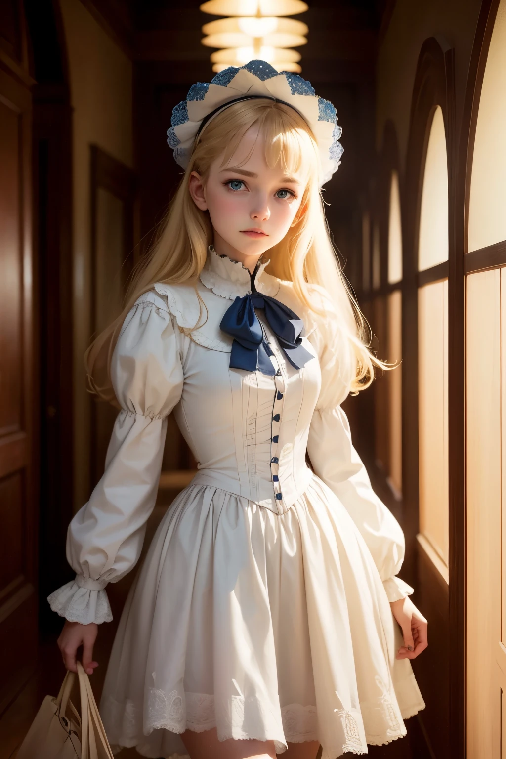 Virginia Otis, 15 years old (blond hair, blue eyes), thin, cute face, walks at night in Canterville Castle (inspired by the novel The Canterville Ghost). aged 1887, Victorian dark fantasy