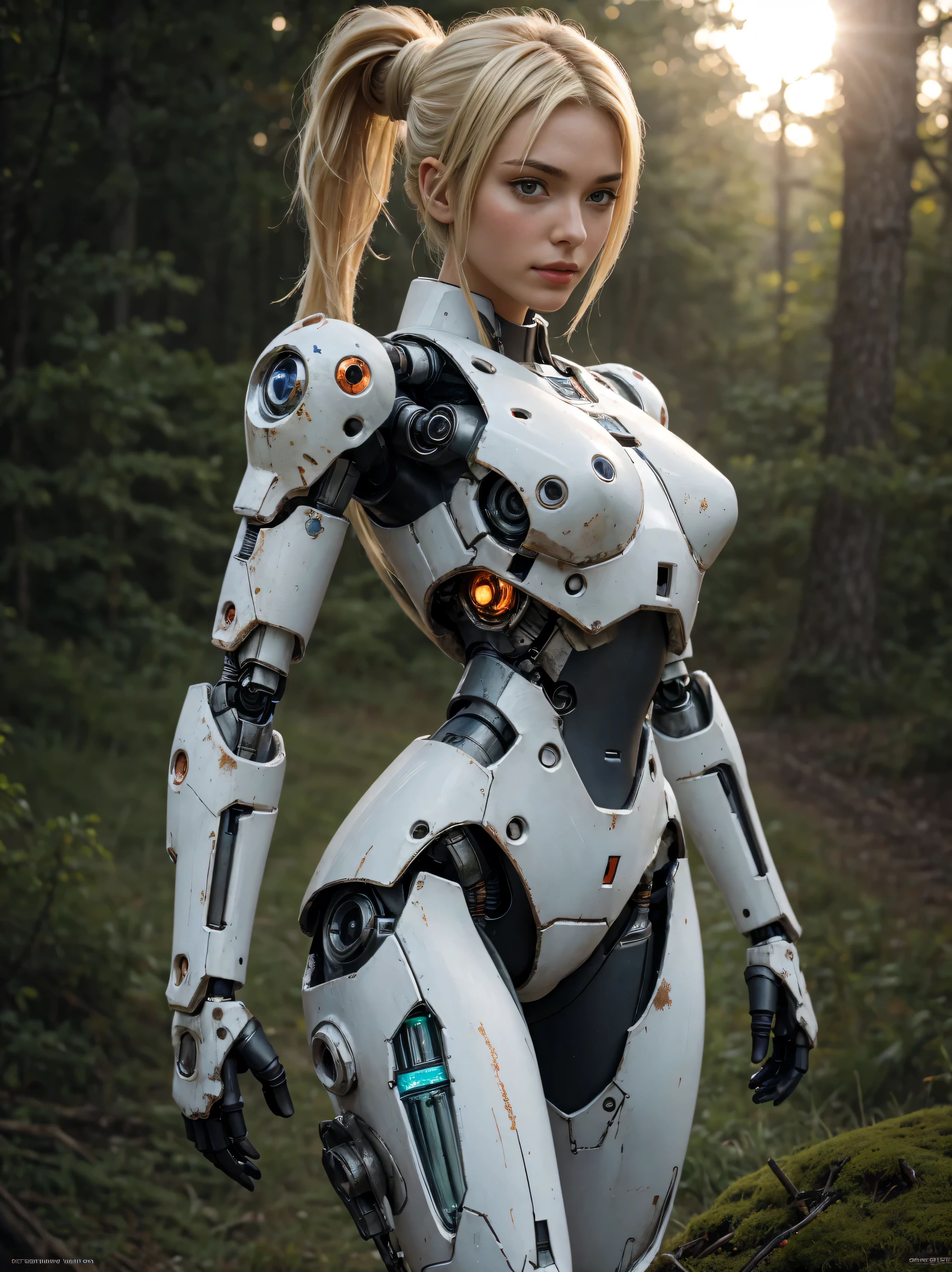 ((masterpiece, highest quality, Highest image quality, High resolution, photorealistic, Raw photo, 8K)), Abandoned robot soldier on battlefield, broken and immobile, rust and moss showing passage of time, female cyborg body, Blonde, female body, biomechanical , extra detailed body, blowjob white mech, white biomechanical details, detailed body, shiny white armor, cybernetic body, eva unit-00 on back, full body details,