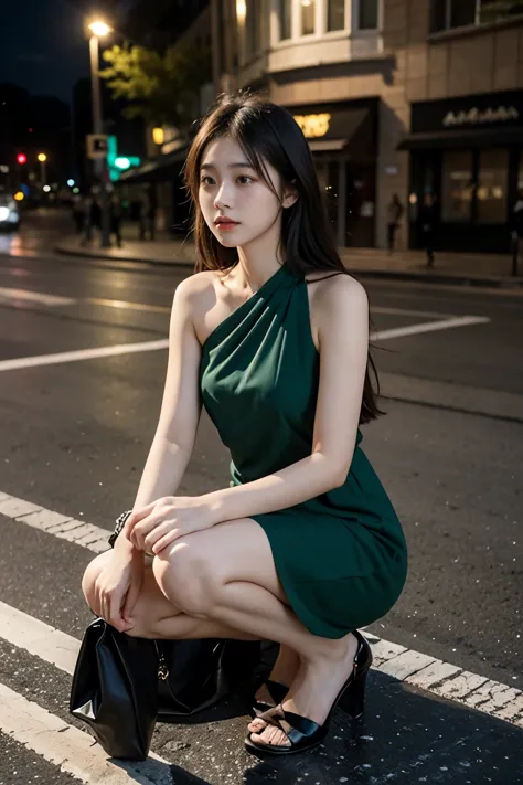 A 16-year-old girl on the side of the street, facing us, wearing a knee-length dress, shoulder-length hair in a dark green dress...