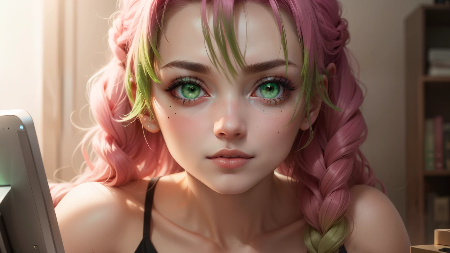 Mitsuri Kanrodzi, Mitsuri Kanrodzi, hair, Gradient hair, (Green eyes:1.5), green hair, long hair, a mole,  a mole under eye, multicolored hair, pink hair, twin hairs, two tone hair,
break bikini,
break looking at viewer,
break (Masterpiece:1.2), Best quality, A high resolution, unity 8k wallpaper, (Illustration:0.8), (beautiful detailed eyes:1.6), very detailed face, perfect lighting, extremely detailed computer graphics, (perfect hands, Ideal Anatomy),