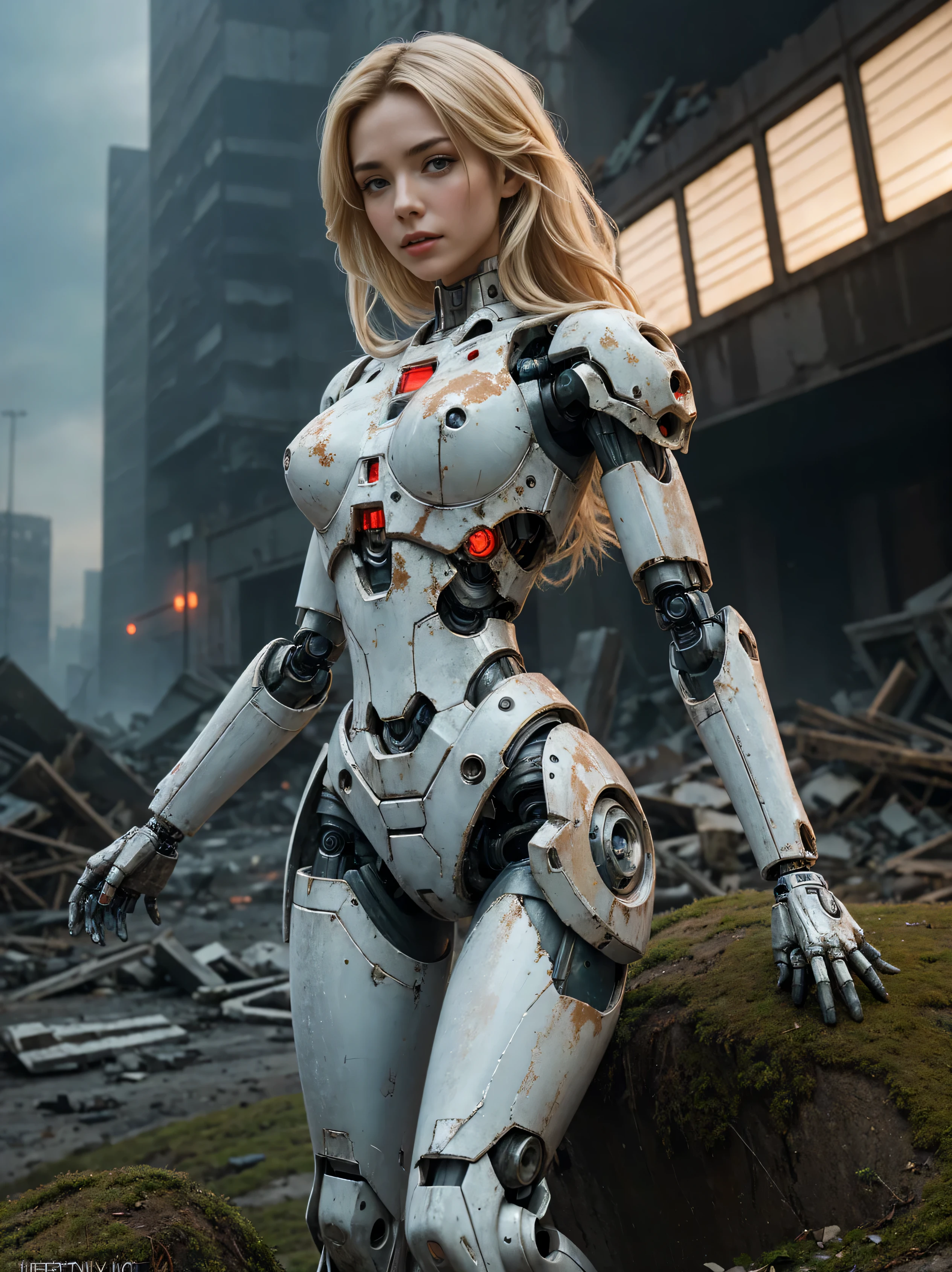 ((masterpiece, highest quality, Highest image quality, High resolution, photorealistic, Raw photo, 8K)), Abandoned robot soldier on battlefield, broken and immobile, rust and moss showing passage of time, female cyborg body, Blonde, female body, biomechanical , extra detailed body, blowjob white mech, white biomechanical details, detailed body, shiny white armor, cybernetic body, eva unit-00 on back, full body details, destroyed city in the background