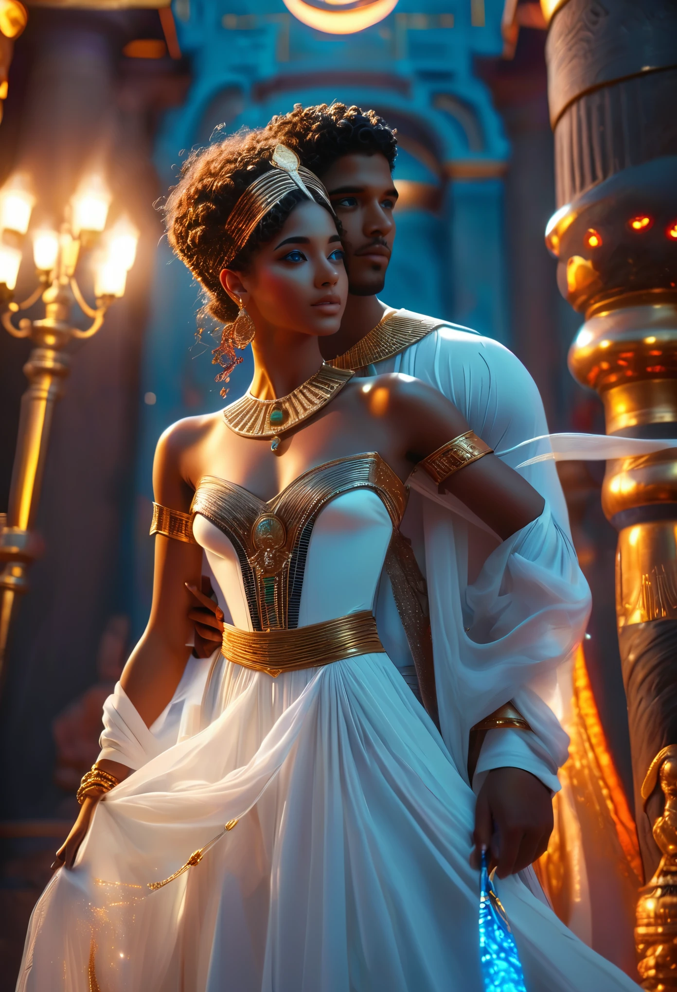 Novel in a celestial Egyptian kingdom, the title is Soulmate, a love story about a young dark-skinned couples in their 18’s, kings and queens of antic Egypt, gods and goddess, a lot of people, very beautiful king with curly hair, very beautiful queen with curly hair, chaotic scene, war scene, passionate scene, 8K, extremely detailed, high quality, (photorealistic:1.37), Full body, ideal proportions and defined complexion, meticulously crafted features, unreachable beauty, perfection, breathtaking elegance, g curves, goddess-like figures, divine symmetry, artistic masterpieces, vivid realism, hyper-detailed sculptures, life-like forms, truly awe-inspiring, impeccable craftsmanship, pure radiance, ethereal beauty, delicate contours, striking poses, sublime beauty, subtle nuances, dynamic compositions, vibrant colors, perfect lighting, soulful expressions, celestial aura, majestic presence, dreamlike atmosphere, unmatched gdetailed octane render trending on artstation, 8 k artistic photography, photorealistic concept art, soft natural volumetric cinematic perfect light, chiaroscuro, award - winning 
