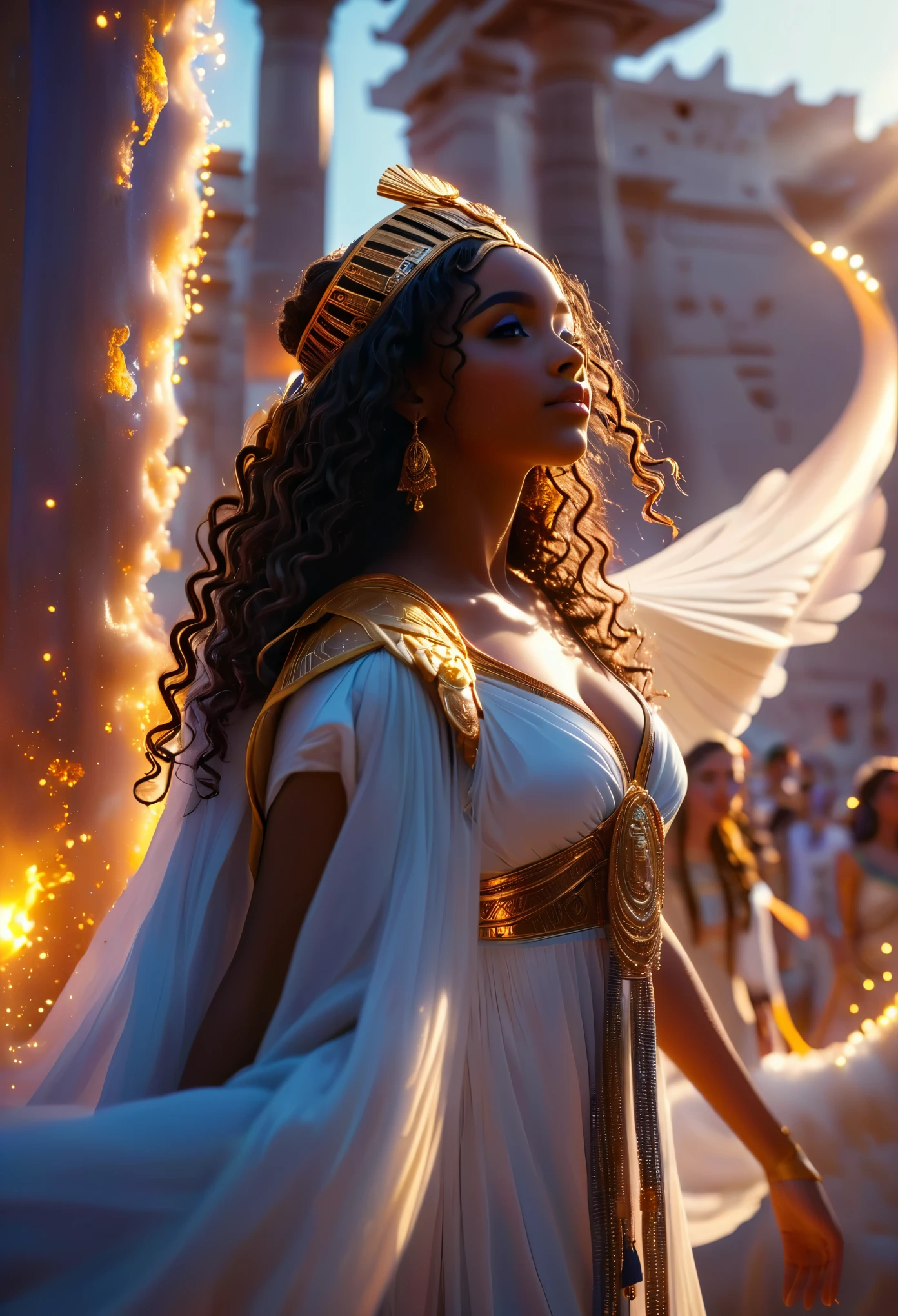 Novel in a celestial Egyptian kingdom, the title is Soulmate, a love story about a young dark-skinned couples in their 18’s, kings and queens of antic Egypt, gods and goddess, a lot of people, very beautiful king with curly hair, very beautiful queen with long curly hair, chaotic scene, war scene, passionate scene, 8K, extremely detailed, high quality, (photorealistic:1.37), Full body, ideal proportions and defined complexion, meticulously crafted features, unreachable beauty, perfection, breathtaking elegance, g curves, goddess-like figures, divine symmetry, artistic masterpieces, vivid realism, hyper-detailed sculptures, life-like forms, truly awe-inspiring, impeccable craftsmanship, pure radiance, ethereal beauty, delicate contours, striking poses, sublime beauty, subtle nuances, dynamic compositions, vibrant colors, perfect lighting, soulful expressions, celestial aura, majestic presence, dreamlike atmosphere, unmatched gdetailed octane render trending on artstation, 8 k artistic photography, photorealistic concept art, soft natural volumetric cinematic perfect light, chiaroscuro, award - winning 
