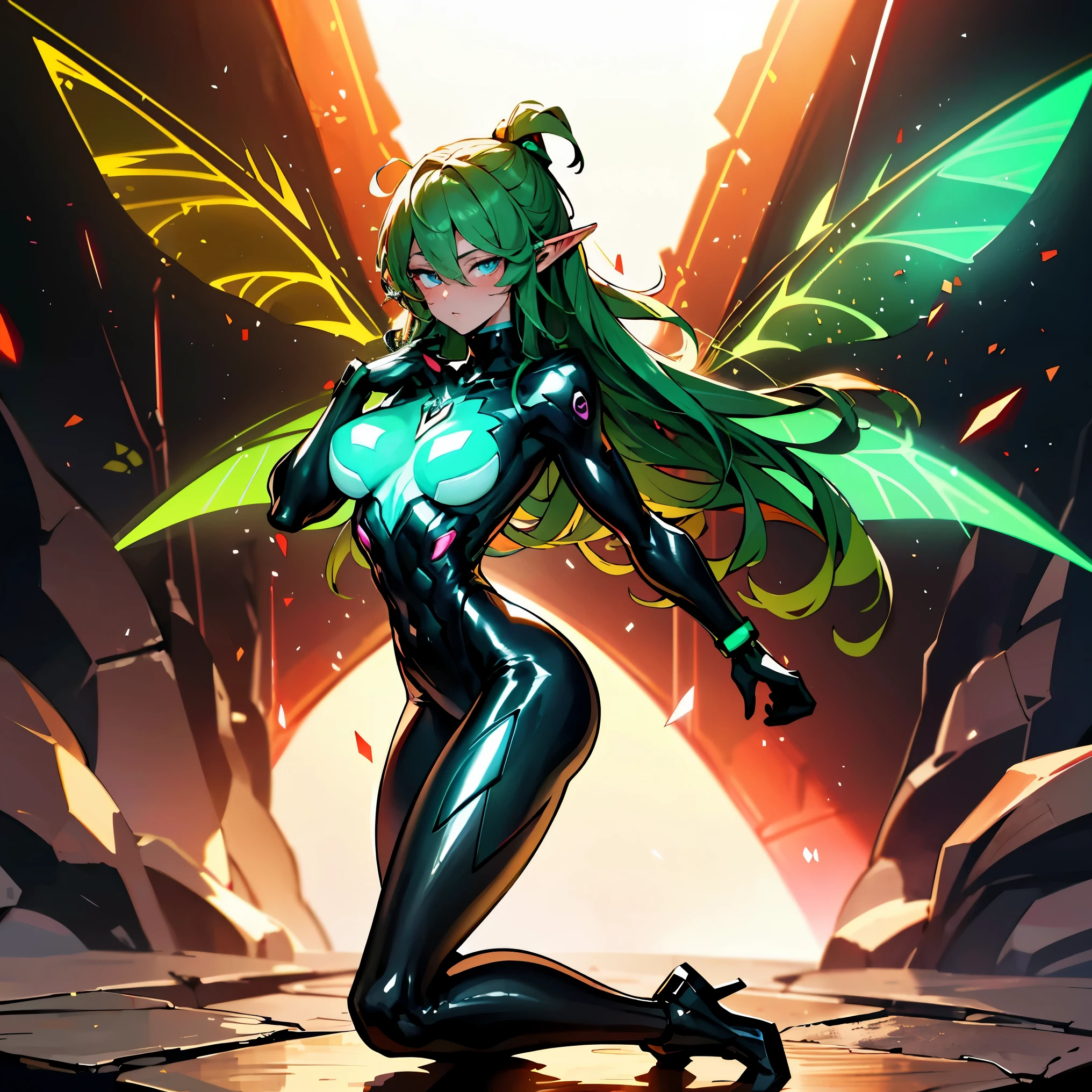 (Cyberpunk Elf waifu), (high resolution), (high res), great quality, mature, very cute face, (full body), diamond face, perfect eyes, pixie wings, strong shadows, (neon light), neon, naked, detailed face, sparks, forest, day, (casting spell), detailed abs, light scars, shinying eyes, casting spell pose, point ears, direct light, underlight, strong jaw, golden sky, large , (fairy), (lewd armor), (less armor), massive ass, thick thighs, long torso, wide waist, skinny torso, fit, perfect face, (skimpy armor), (colorful vibrant light), futuristic, sexy, (blushing), hot and bothered