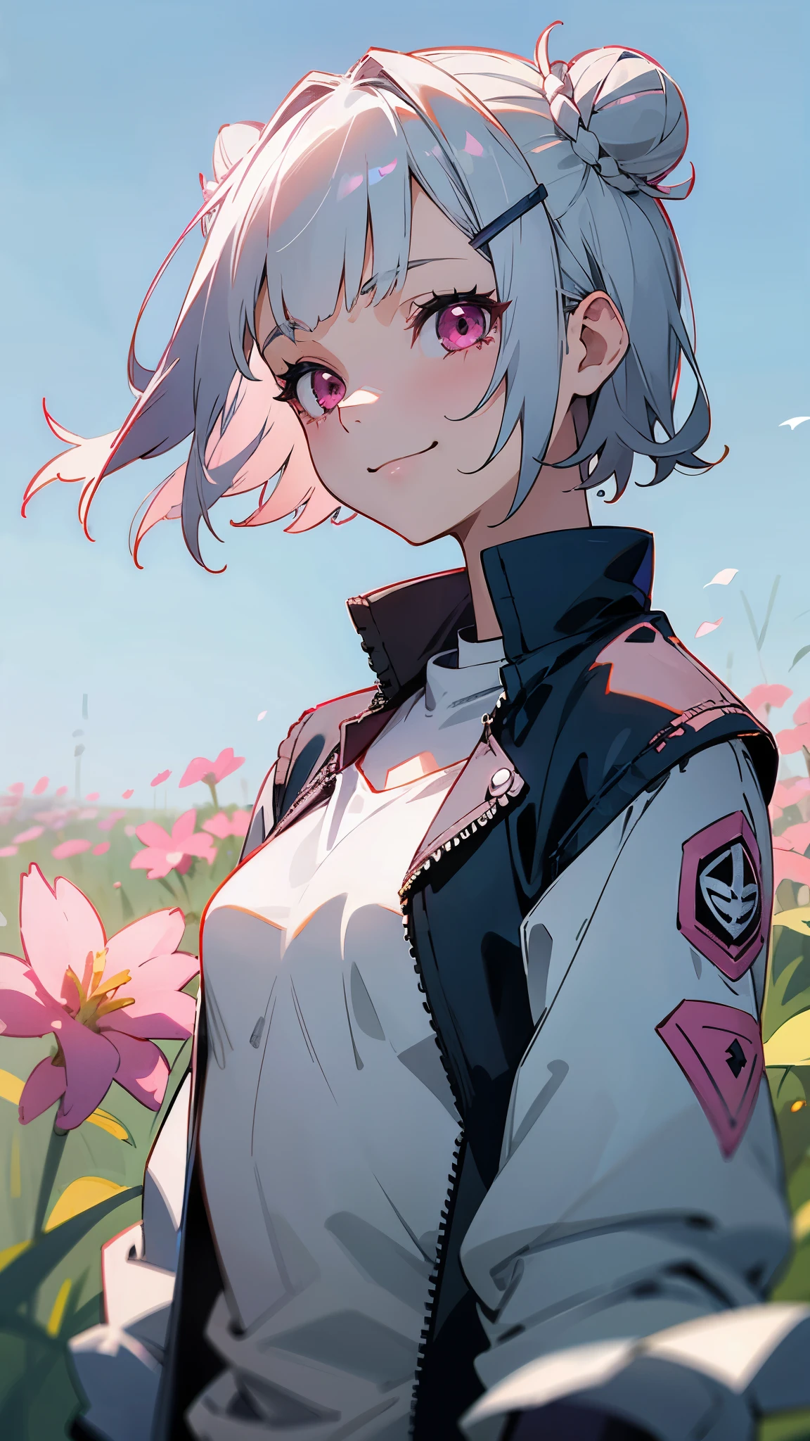 1 girl、riders jacket、small breasts、Silver short bob hair clip tied into a bun、shining pink eyes、From the side、gloves、evil smile、A meadow full of flowers、blown by the wind、blue sky、upper body close-up、sharp outline