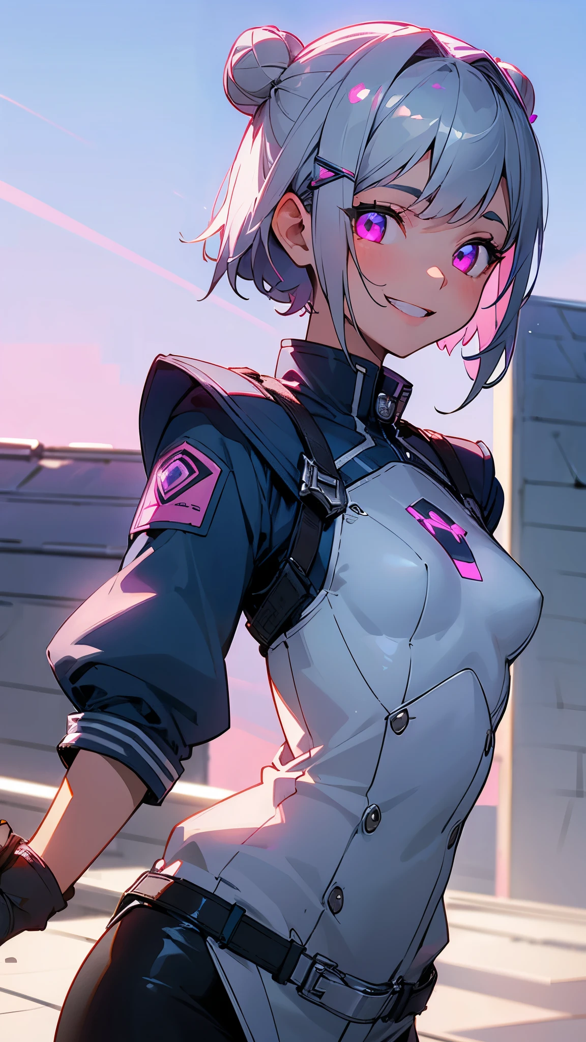 (highest quality、Extra fine、genuine)、1 girl、riders jacket、small breasts、Silver short bob hair clip tied into a bun、Pink glowing eyes、From the side、gloves、grin、building rooftop、blue sky、upper body close-up、sharp outline