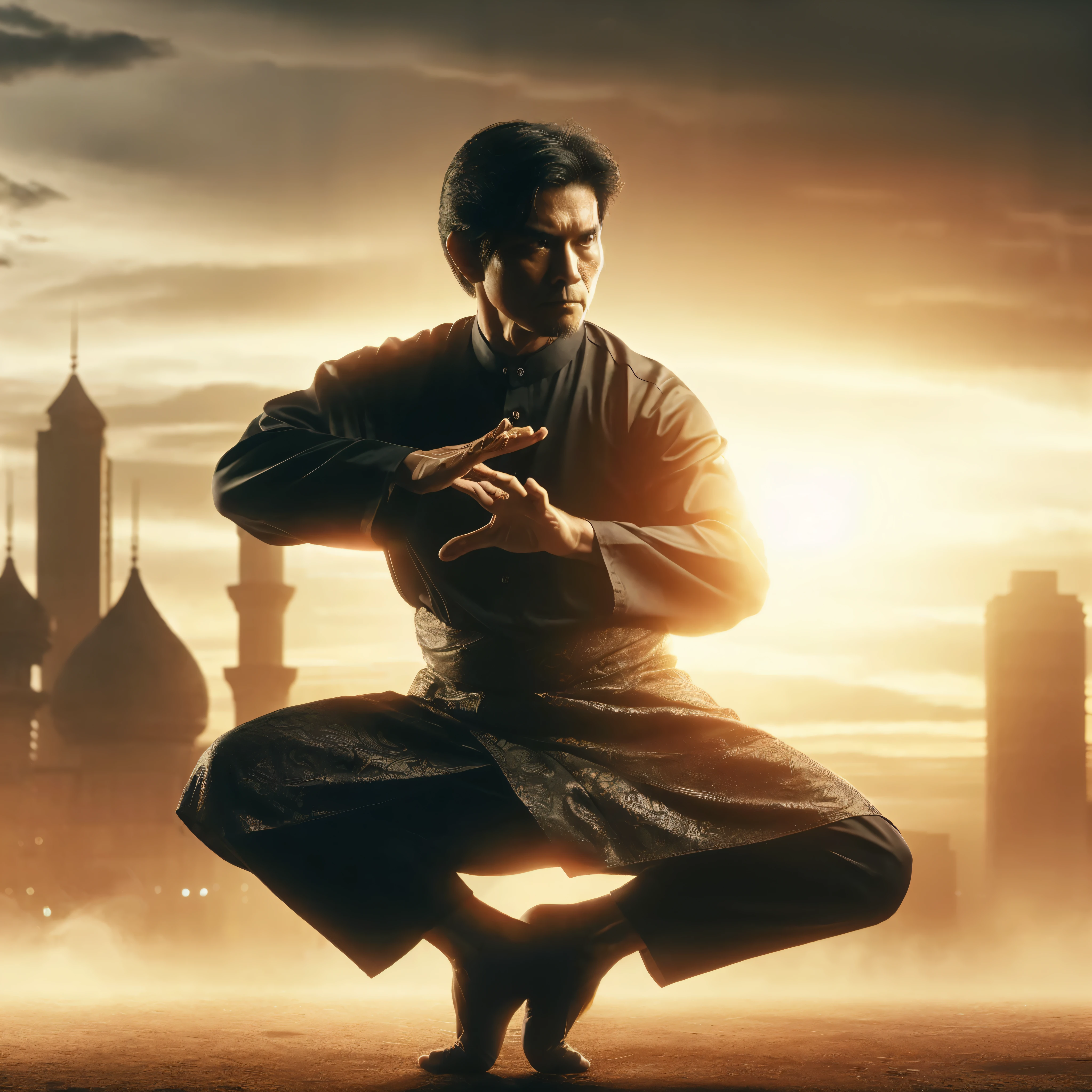 a man in a black shirt is doing a karate pose, inspired by Ma Quan, in the style of sifu 🔥 😎 🕹️ 👀 :2, inspired by Liao Chi-chun, movie promotional image, portrait shot, kung-fu, kung fu, inspired by Shen Quan, martial art pose, jackie chan, inspired by Ma Lin