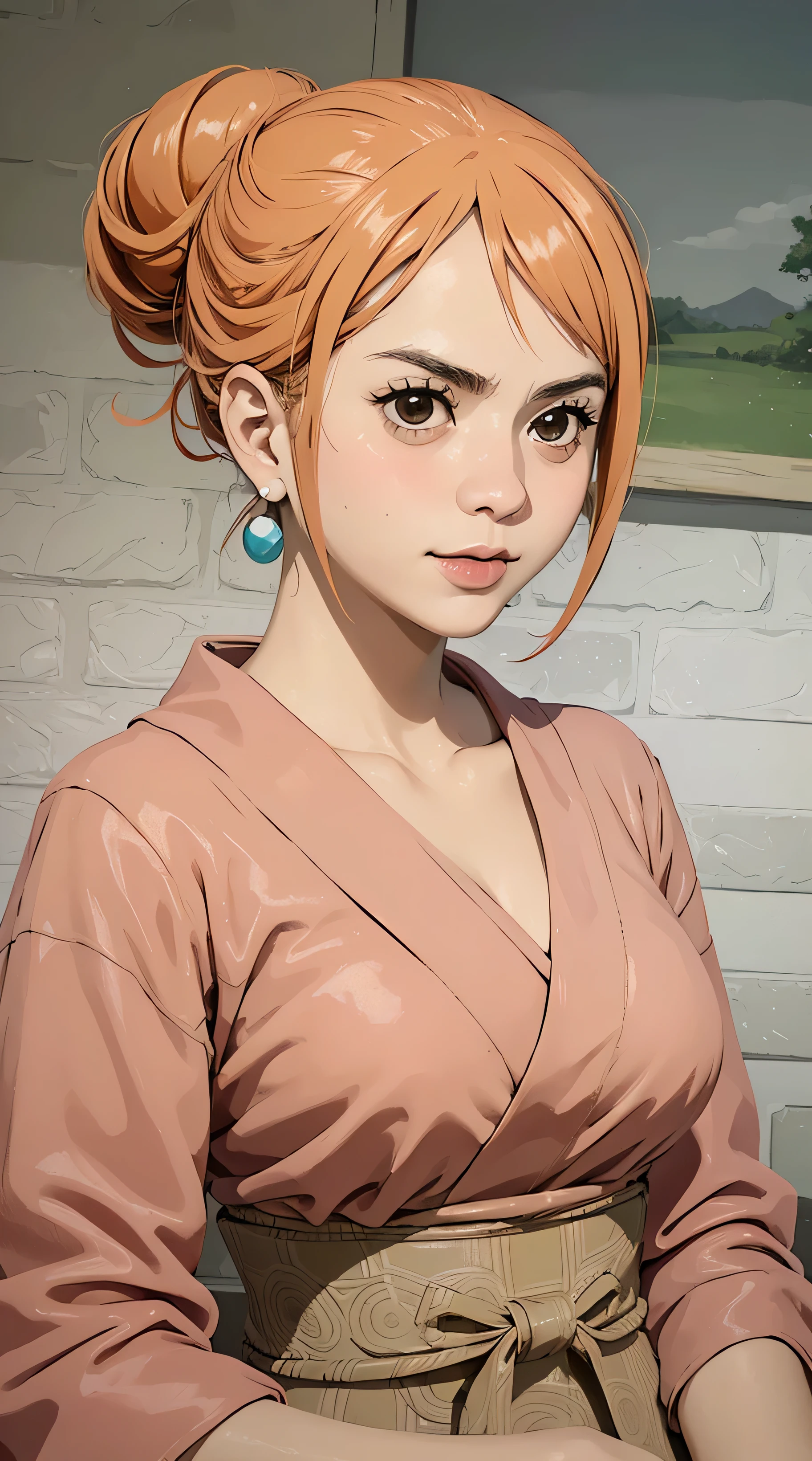 NamiFinal, Nami from the anime One Piece, orange hair, hair in a bun, beautiful, beautiful woman, perfect body, perfect breasts, wearing a kimono, wearing earrings, wearing a watch, in the park, cherry tree, traditional house japan, looking at viewer, slight smile, realism, masterpiece, textured leather, super detail, high detail, high quality, best quality, 1080p, 16k