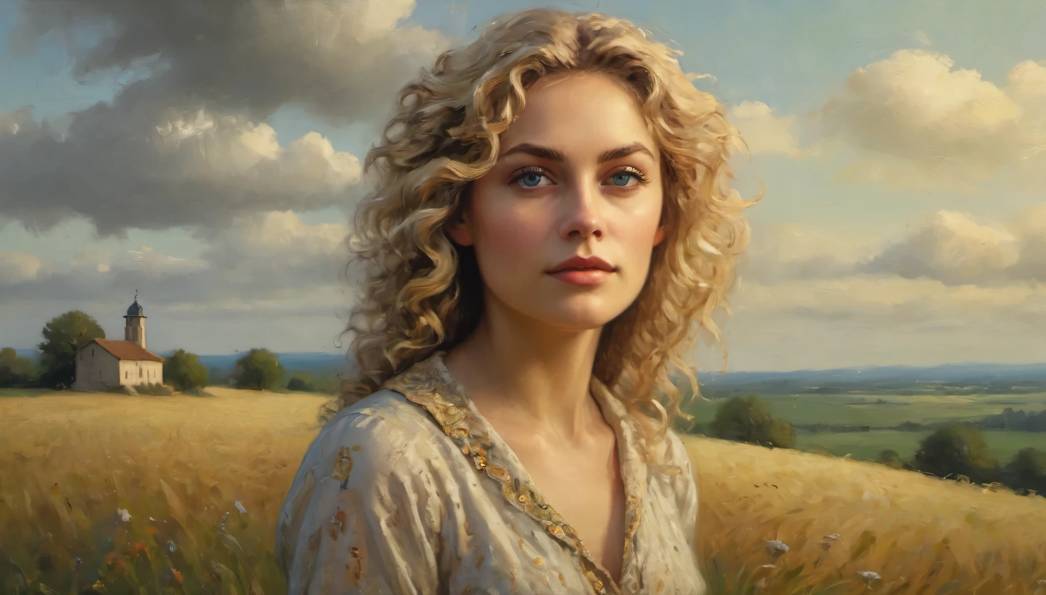 ((top air view))perfect eyes, perfect face, perfect lighting, 1girl, mature female in a field, medium blond hair, curly hair, detailed clothes,((in the style of paul gogen)), Renaissance, pin-dot art,((oil painting knife)), rainessanse older gradient, Complex details, intricate, aesthetics, ((best quality, Masterpiece)),
((Highest detail), Octane rendering, 8K  