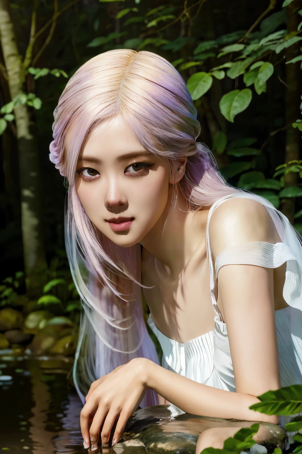 Rose from black pink, pink hair, (full body), (artistic + masterpiece:1.4), (incredibly detailed eyes), wearing medieval long cotton nightie clothes, Drenched hair，The background is a forest, sunset，Masterpiece: 1.3), (8k, Photorealistic, Photo RAW, Best quality: 1.4), (UHD), (Ultra high realism), (Ultra high definition), (Ultra high detail), (Realistic face), Beautiful hairstyle, Realistic bright amber eyes, Beautiful details, (Realistic skin), Pale, smooth and luminous skin with iridescent shine and no imperfections, Ultra high definition, Ultra realistic, Highly detailed, (Cleavage: 0.8), sitting on a rock, feet in the water, (masterpiece, best quality, award winning, highres), skinny, intricate and beautiful design, highly detailed beautiful face, super detailed beautiful eyes, light smile, sitting near stream, forest, leaves flow, windy, sun lights through forest, fantasy art, dynamic lighting, cinematic lighting, hyper realistic, extremely CG detail, octane render, (natural skin texture, hyperrealism, soft light, sharp:1.2)