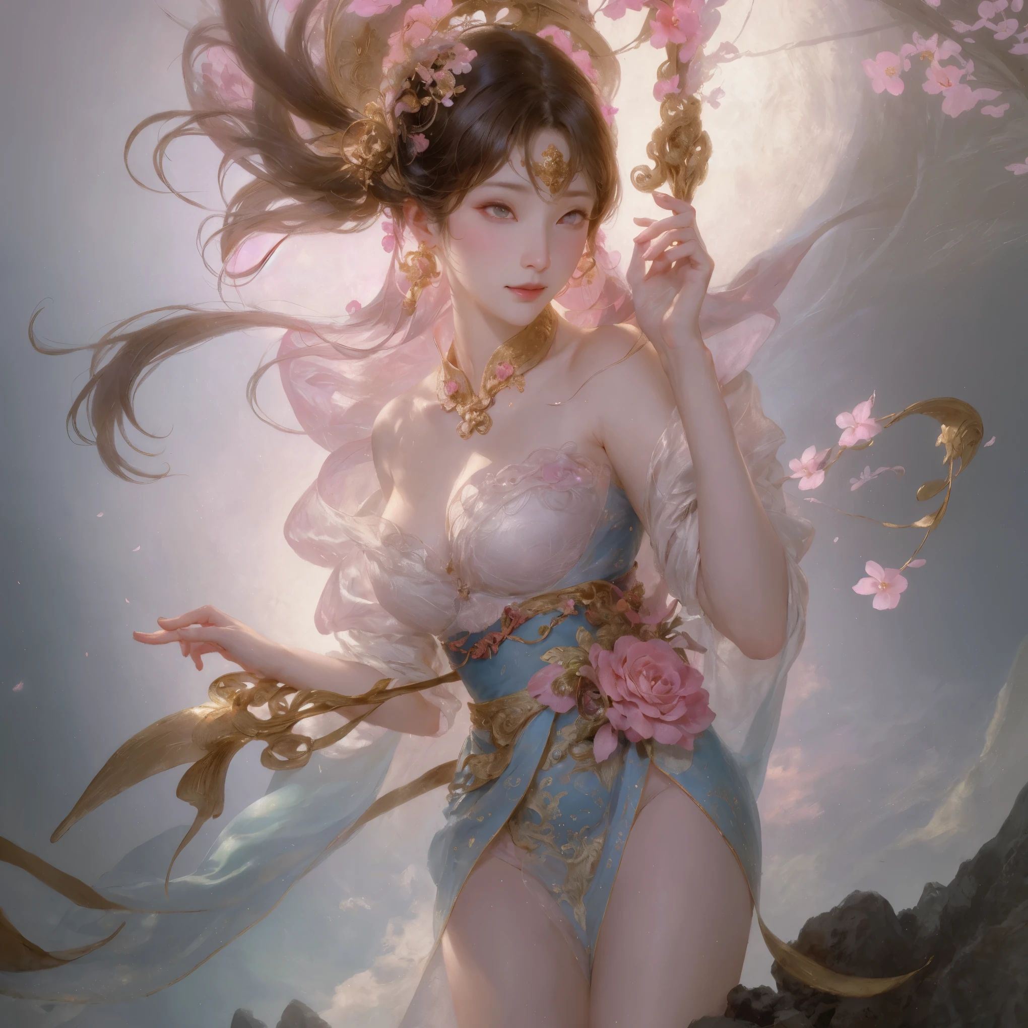 There were women in ancient China, alone, detailed, delicate skin, exquisite features, detailed face and eyes, ancient chinese costume，Close up of pink and white clothes，beautiful eyes，detailed face，fancy clothes，dream-like, red and blue-green flowers, Floating world style, Artwork in the style of Gwitz, Gwiz, Alphonse Mucha and Rose Drews, beautiful artistic illustration, author：Lee Song, author：hero, author：Zou Zhe, Be quiet, Written by Yeshin, author：Shimoo, author：Zhou Fang, korean art nouveau anime