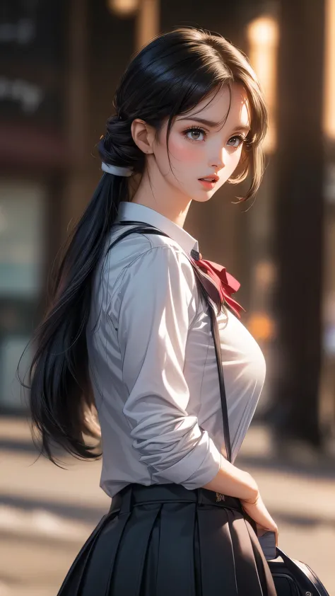 school uniform,(random sexy pose:1.5),(random hairstyle),(movie-like scene,best image quality,(8k), Super realistic, 最high quali...